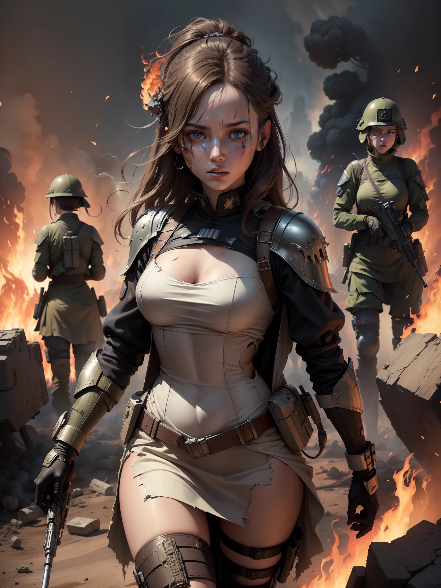 ((Masterpiece)),((Best quality)), 8K, high detal, Ultra-detailed, Female soldiers on a blazing battlefield, woman,((Innocent eyes),wounded,(Torn dress),((Fallen soldiers in the background),Smoke,Fire.