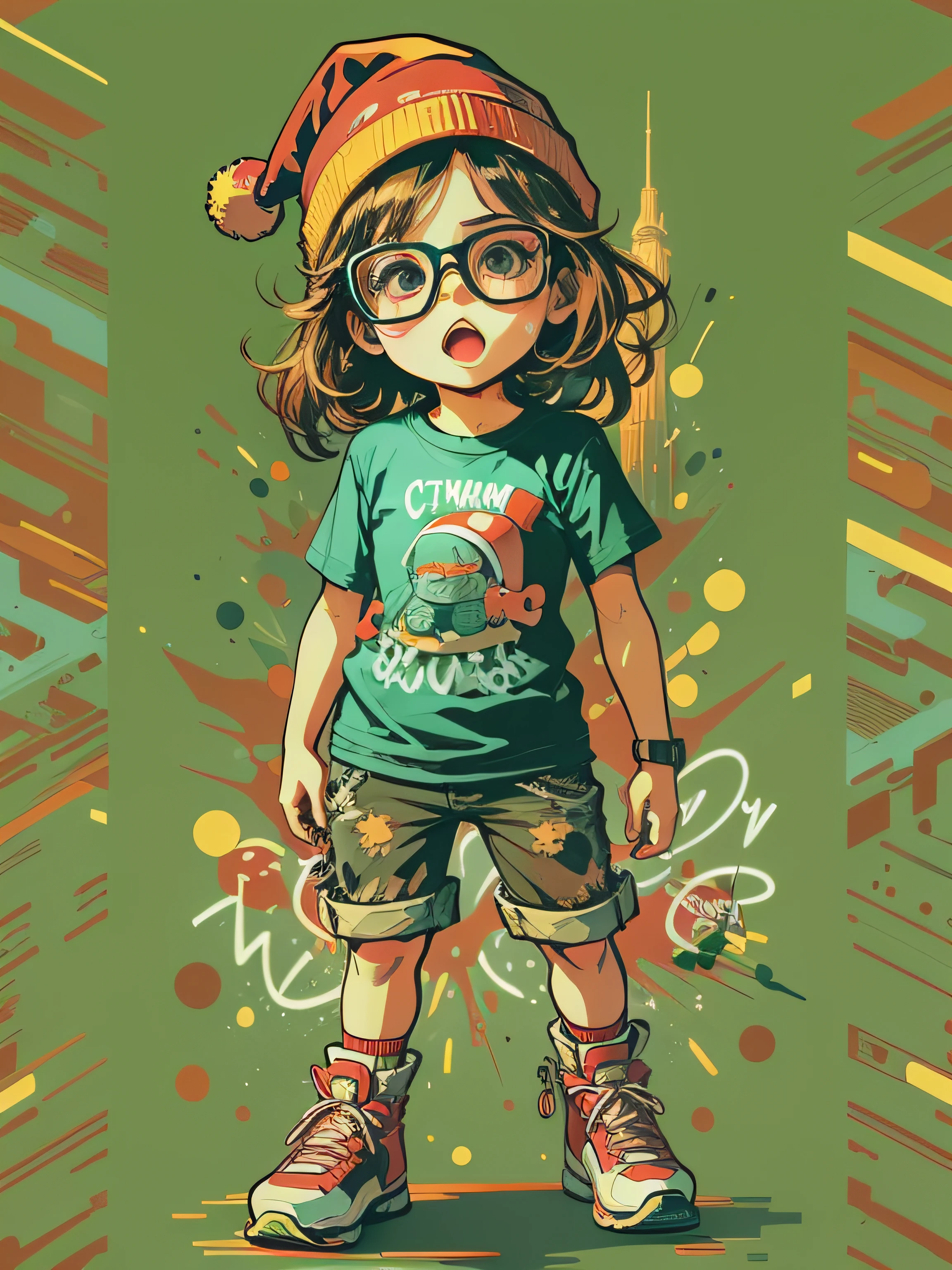vector t shirt art ready to print colorful graffiti illustration of a colorful little girl wearing glasses , No Face, christmas style, action shot, christmas color, high detail, white background