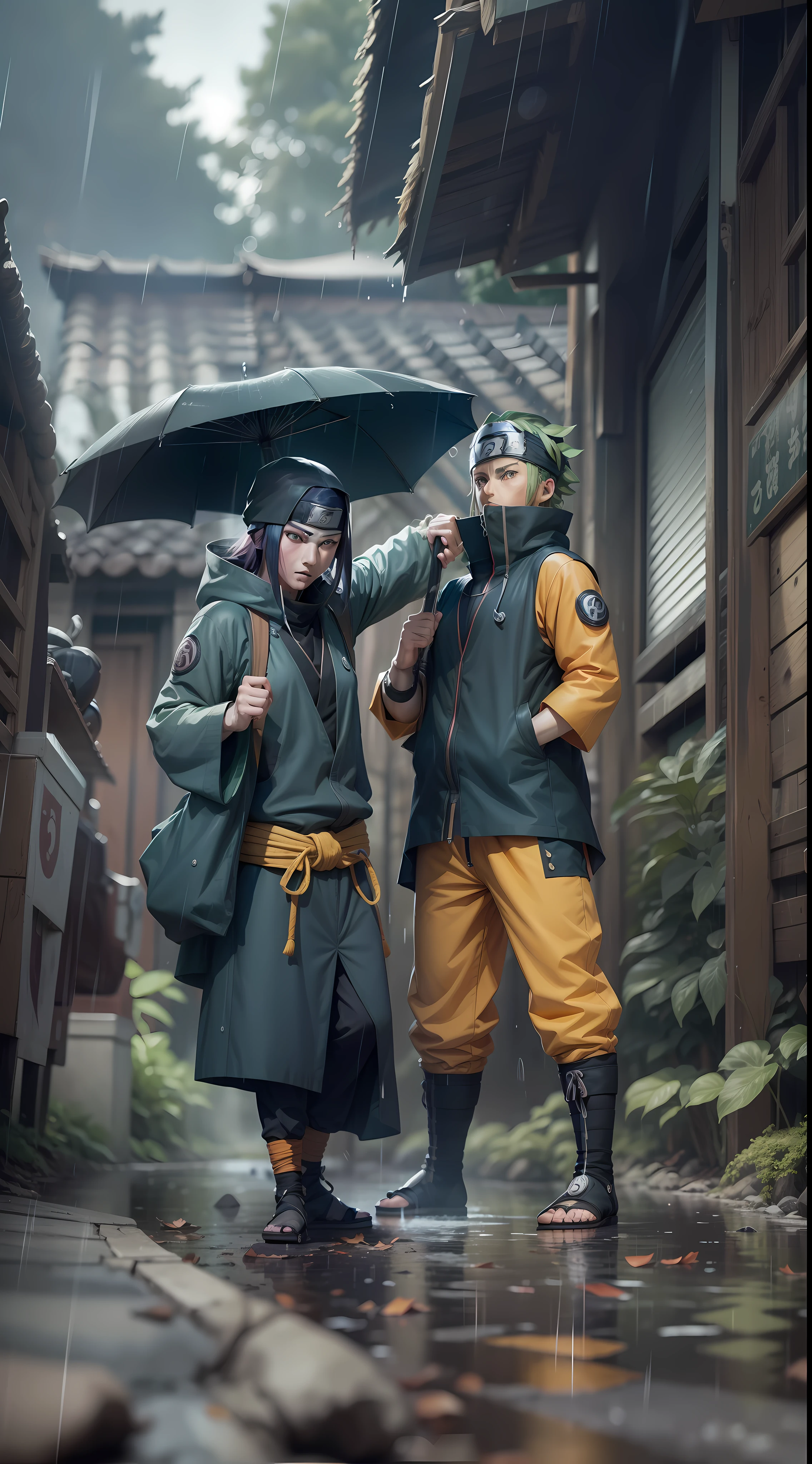 naruto shippuden naruto and hinata super strong, muscular, background Konohagakure (Hidden Leaf Village), raining, 35mm lens, photography, ultra details, precise texture details HDR, UHD,64K,