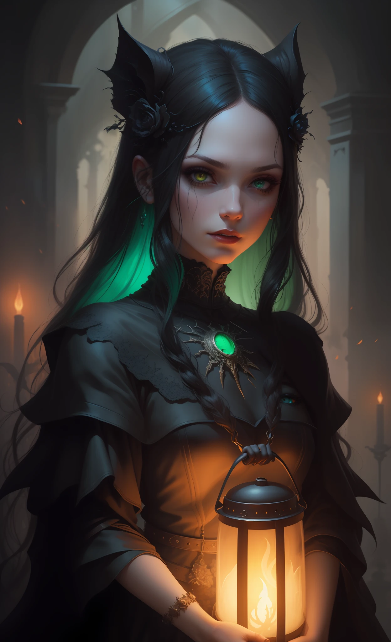 Arafed woman holding a lantern with a green light in her hand, dark fantasy style art, fantasy dark art, in style of dark fantasy art, dark fantasy art, Dark Fantasy Illustration, dark fantasy artwork, neoartcore and charlie bowater, dark fantasy mixed with realism, gothic fantasy art, fantasy art style, charlie bowater rich deep colors