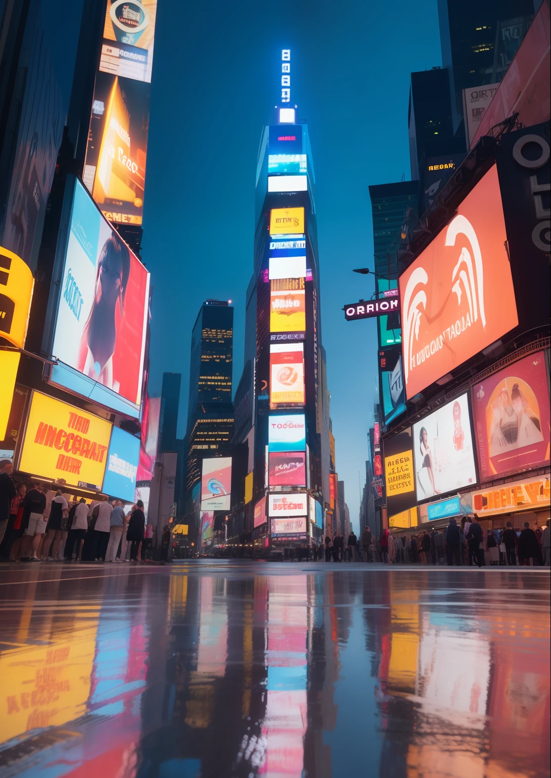 Times Square, reflection on the ground, Morning light, sol, amazing fine details, film photography Nikon D850 Kodak Portra 400 camera f1.6 lente, cores claras, textura realista, ambiente urbano, highrise, neon signs, trending on ArtStation, cinestill 800 tungsten, foto do ano,