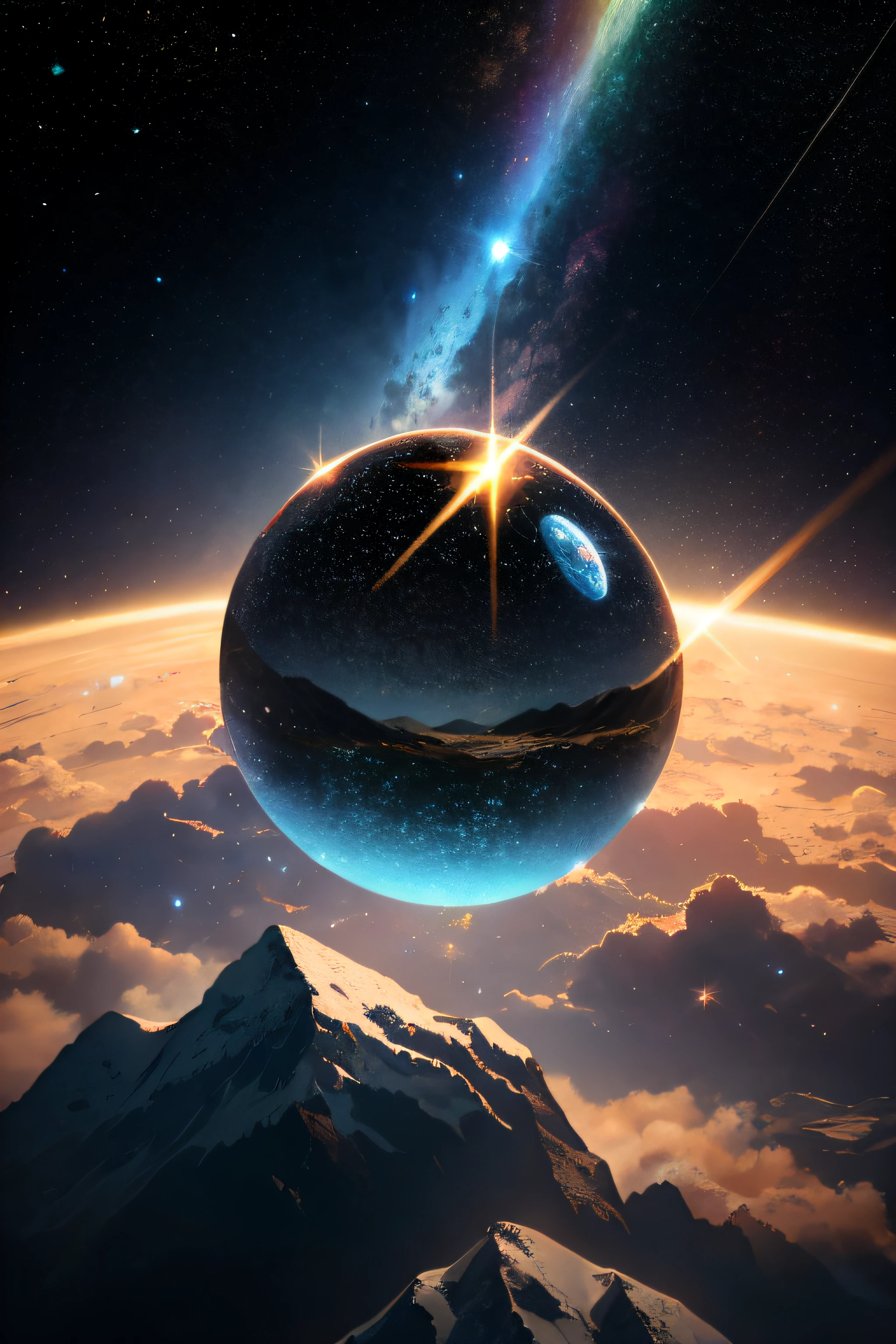 A giant mirror ball floats in space,flashing lights,The back of a (Heaven is like a green field,Surrounded by mountains and clouds:1.3),Particles in the air,God's light,stars in background,Intricate fractals,A detailed,(illustratio),tmasterpiece,A high resolution,best qualtiy。
