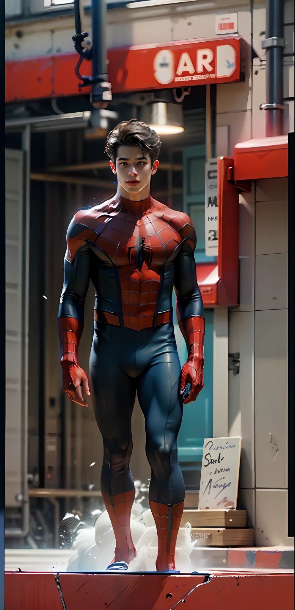 RAW, (no mask, showing face: 1), handsome, Spider-Man classic pose, shooting spider silk, masterpiece, super fine photo, best quality, super high resolution, photorealistic photo, sunny handsome, full body portrait, delicate face, vibrant eyes, (viewed from the side), he is wearing a futuristic Steel man Spider-Man costume, very detailed background, detailed face, detailed complex busy background, highly detailed skin, realistic skin details, sharp focus, volumetric fog, 8k  UHD, DSLR, high quality, film grain, photo realism, wheat skin