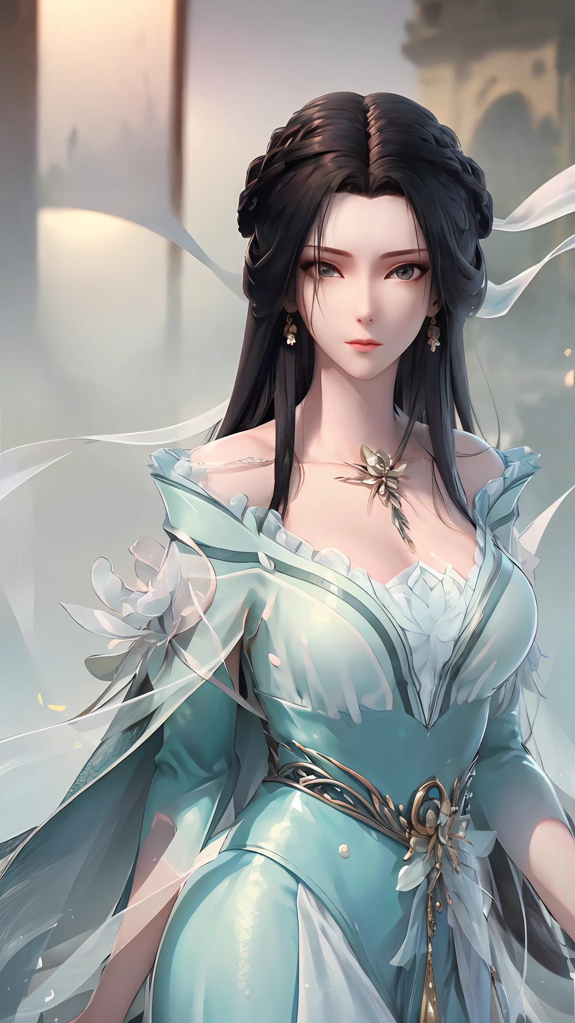 tmasterpiece,Best picture quality,HD 8K wallpaper,Beautiful picture,Elegant single woman,Round dress,Shiny eyes,Detail at its best,An exquisite masterpiece,Pure beauty and lightness,Moderately aesthetic,Gentle and elegant,Attention to detail,Cyan white lace round dress,Immortal