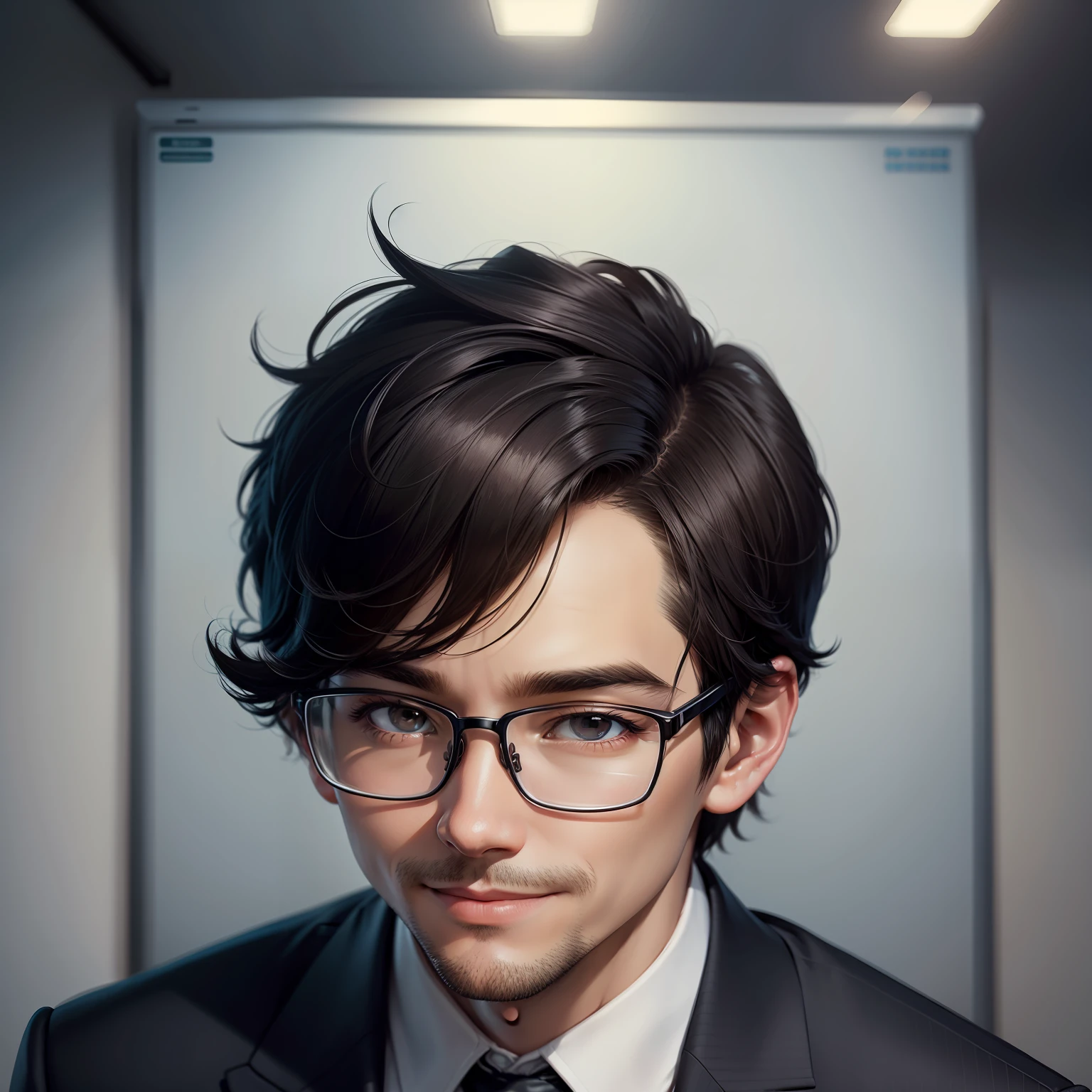 office backdrop、simple background、One Man、suits、eye glasses、age 30s、Hold your laptop by your side、short dark hair、a smile、is standing、Facing the front、ighly detailed、top-quality、4K