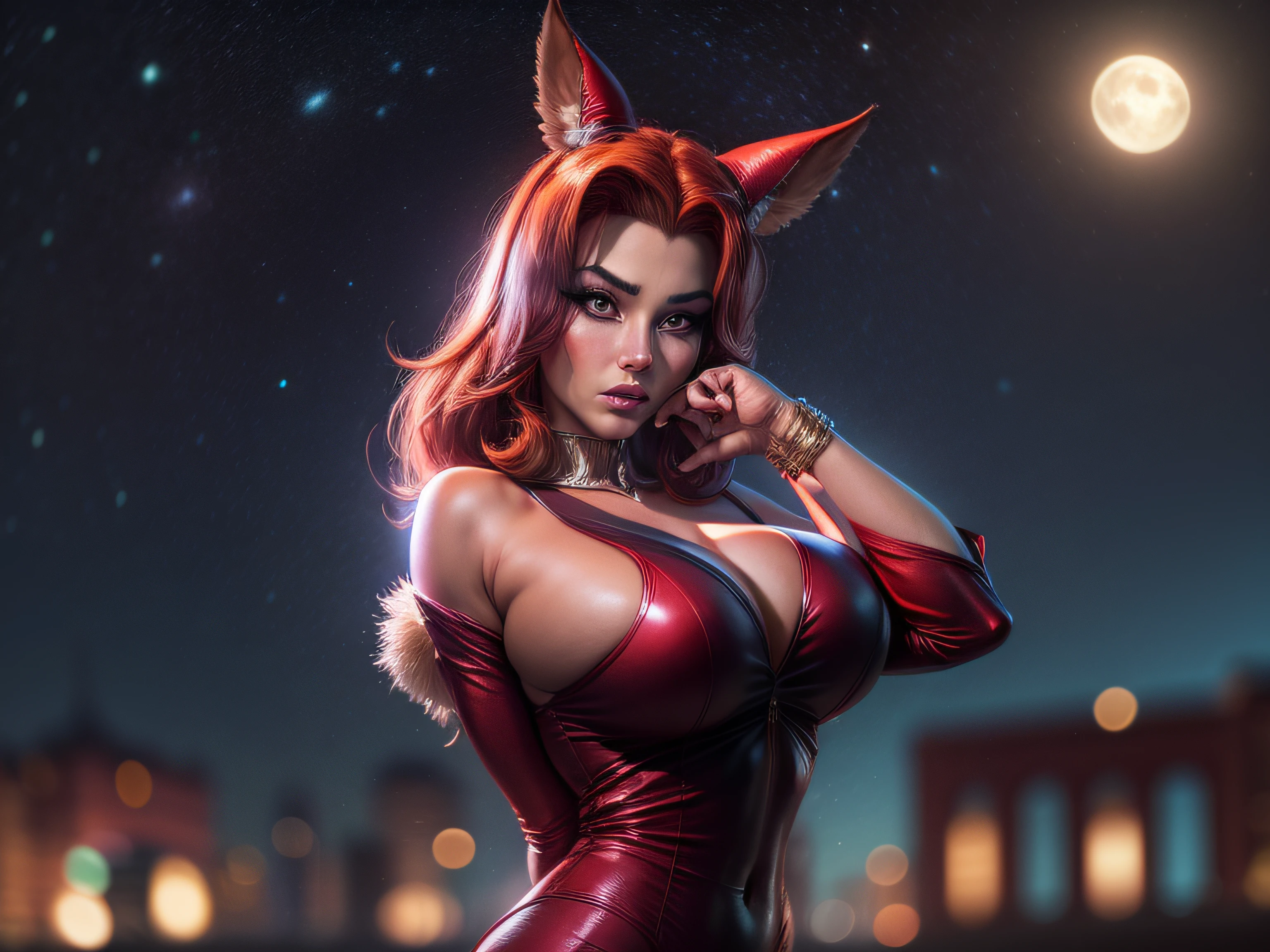 Closeup on a curvy Jessica rabbit, grande bumbum, corpo espetacular, vestida com espartilho bege e vemelho, menacing stare, ricamente detalhado, hiper realista, 3D-rendering, obra-prima, NVIDIA, RTX, ray-traced, Bokeh, Night sky with a huge and beautiful full moon, estrelas brilhando, 8k,