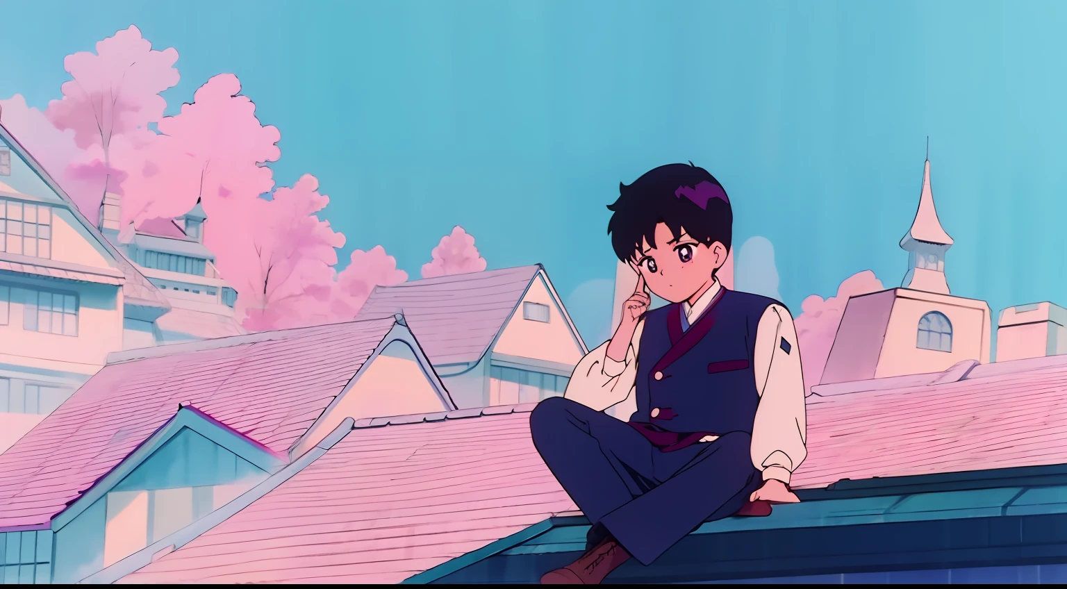 1boy，校服，Rooftop，Sitting