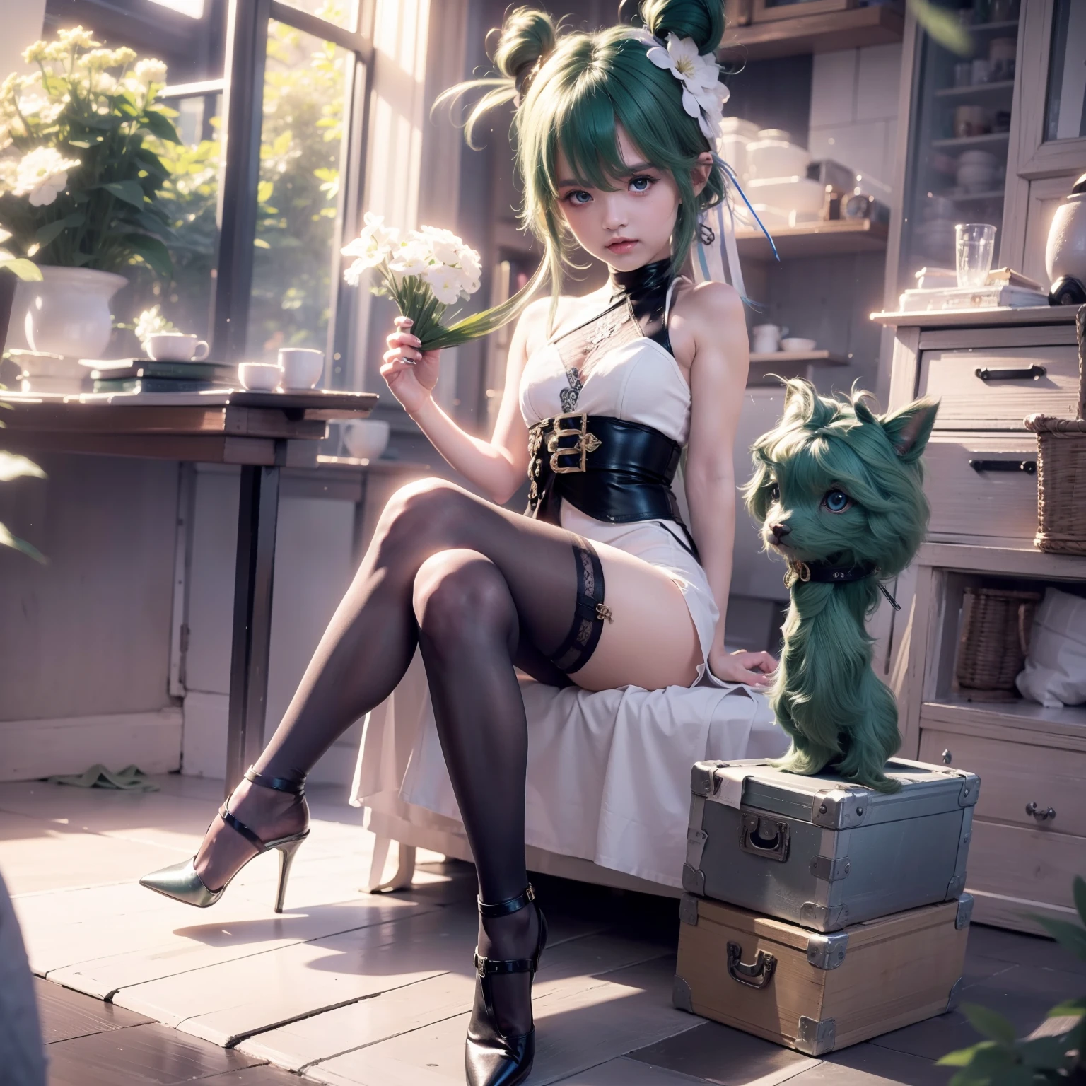 Green hair, heels, Beautiful eyes, perfect face, full body, masterpiece, photorealistic