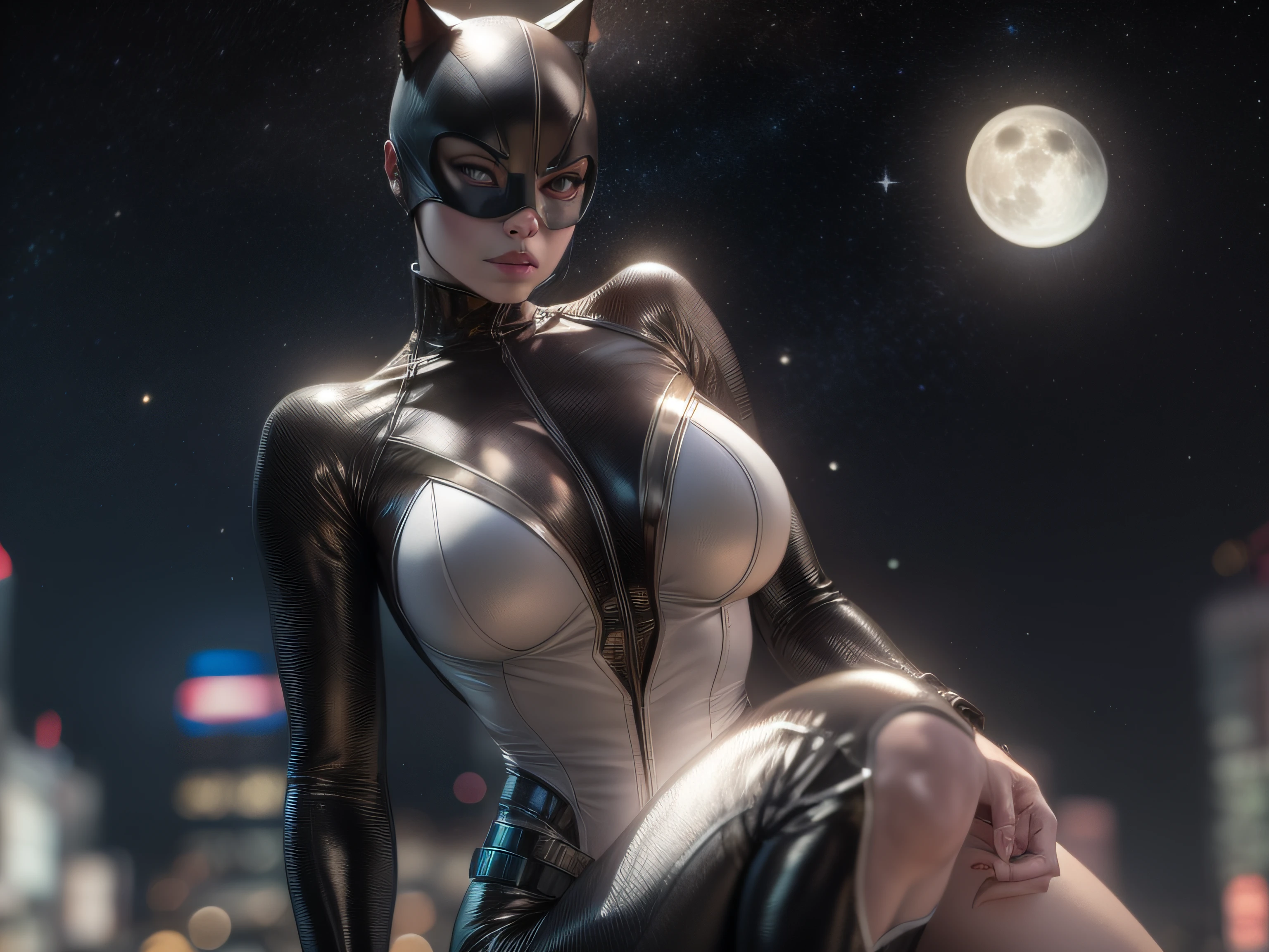 Closeup on a powerful threat, The creepy appearance of the mysterious Catwoman, inimmiga do Batman, vestida com de forma sensual, de bodysuit branco com bege e bronze, menacing stare, ricamente detalhado, Hiper realista, 3D-rendering, obra-prima, NVIDIA, RTX, ray-traced, Bokeh, Night sky with a huge and beautiful full moon, estrelas brilhando, 8k,