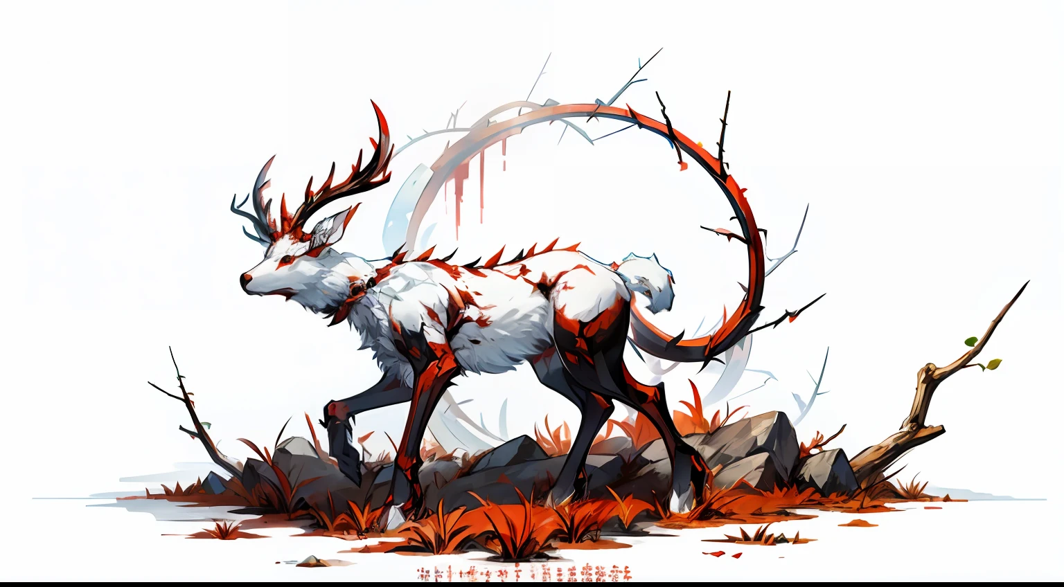 Pure white background，（（A deer）），（Its body is covered with black thorns），Those thorns pierced its skin，Let it turn red。When it walks，Blood kept dripping on the ground，Let the ground rise with an eternal red flame。