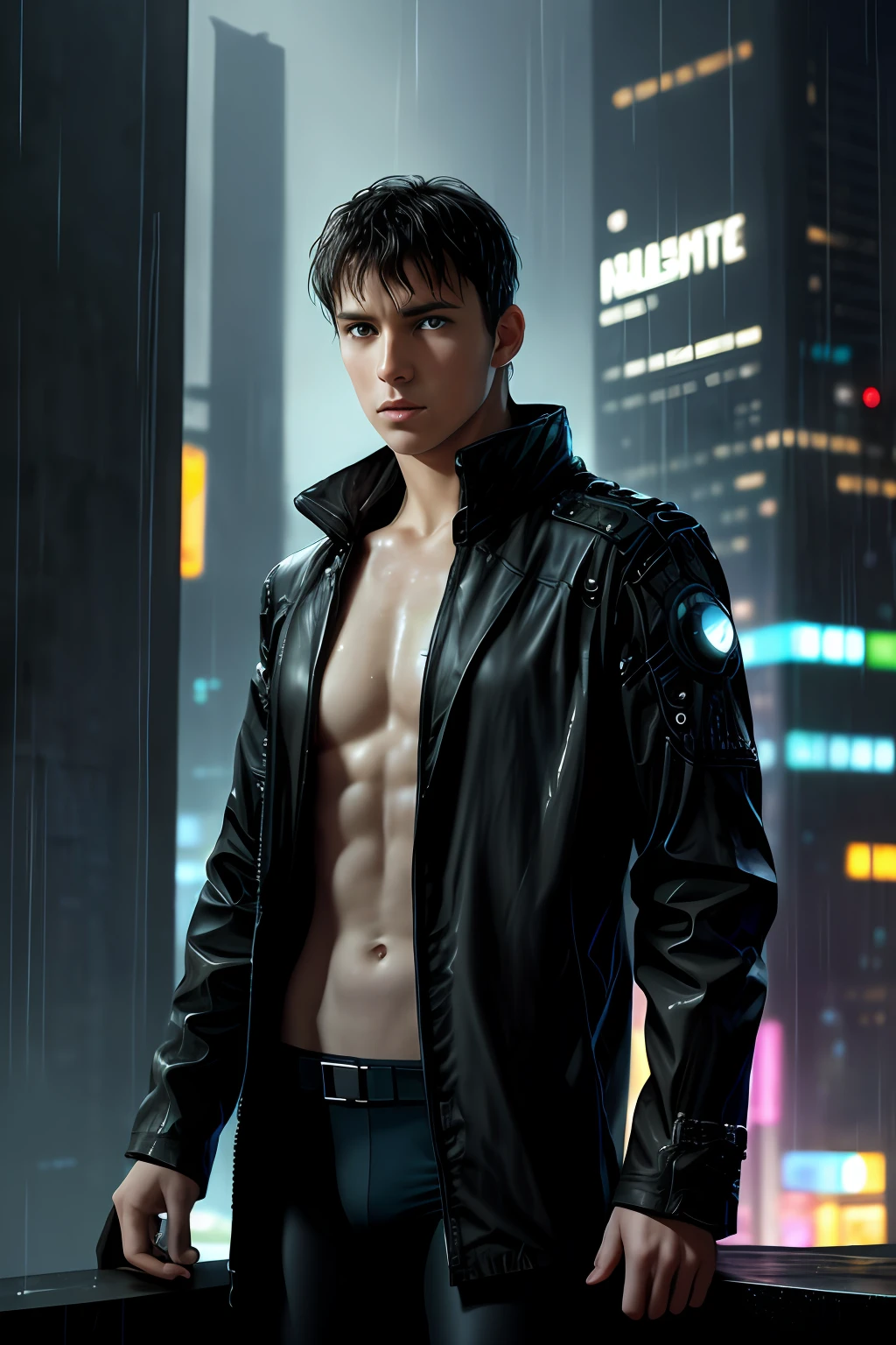 masterpiece, bestquality, highres, Realistic, Portrait of a young homosexual boy of medium length. , A tired face., Deep Groove Coat, Rain, wet weather, Soak wet skin, Raindrops, thunderstorm, Blade Runner, dystopia, science fiction, Biomechanical profile, The background is a Cyberpunk bedroom window overlooking Cyberpunk City Night View., Bright neon lights, The building is dark., Flirt,Take off your shirt., utterly naked., Big pecs, pale skin, Pull down the tights.,Short black hair,