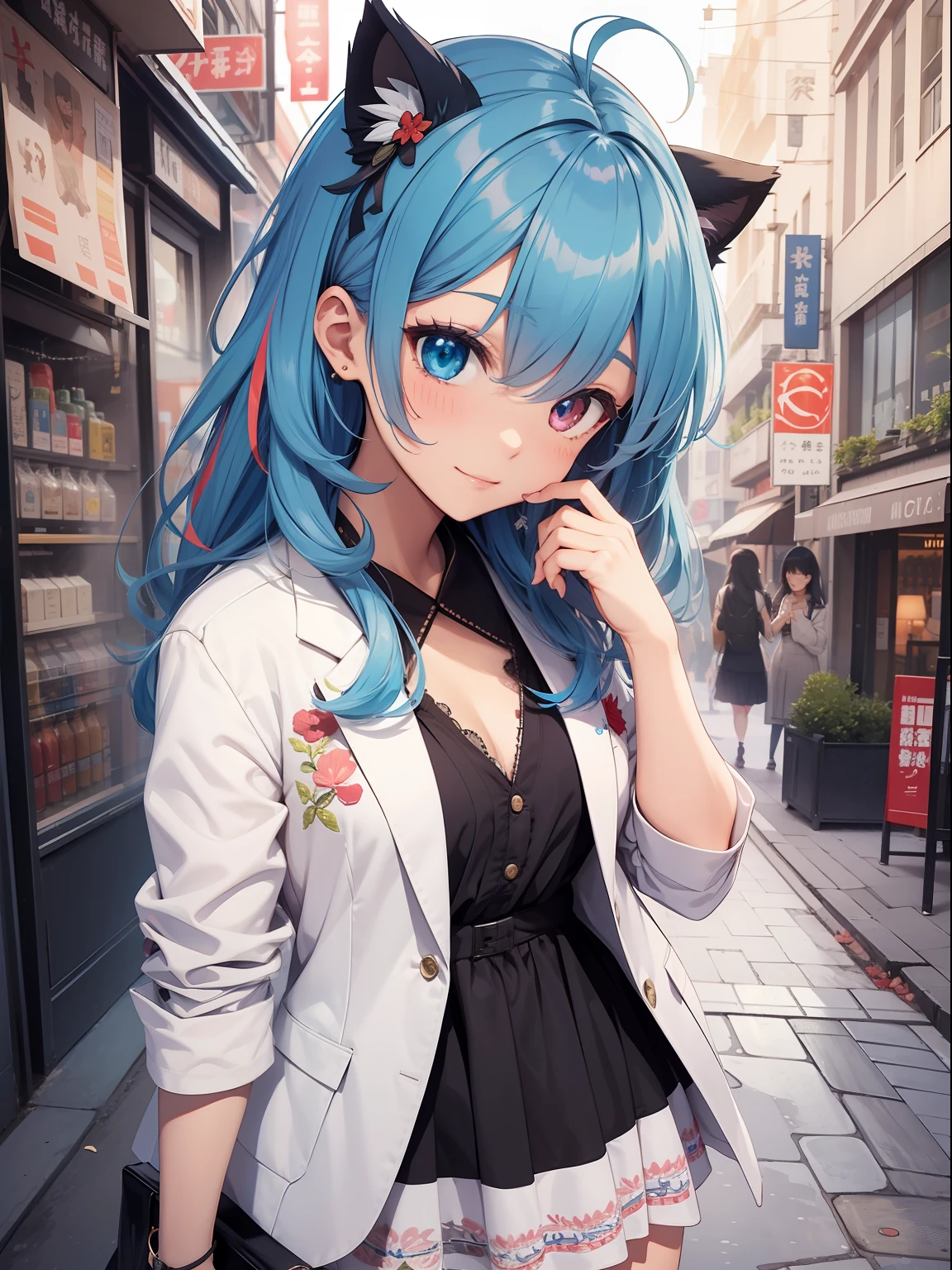 absurderes、ultra-detailliert、masterpiece、top-quality、BREAK、Official art、(Beautifully Aesthetic:1.2)、(watercolor paiting:Curly)、BREAK、Devilish Pretty Girl 1.2、a beauty girl、(kawaii:⒈3)、、BREAK、((split-colored hair:1.4、Seven-colored hair:1.4))、striated hair、((Random hairstyle))Splash、(Hair mixed in random colors:1.2)、(フラクタルアート1.3)、BREAK、Cat's ears、BREAK、(Ultra-detailed hands and fingers:1.2)、Carefully written hands and fingers、BREAK、humanoide、BREAK、((White blazer with super details and embroidery pattern、Open Chest Dress、a miniskirt:1.5))BREAK、((heterochromia iridis、BREAK、Variegated eyes))、BREAK、Since a while ago:1.2、Look at viewers、BREAK、((Inside the city:1.4))、BREAK、Ultra-detailed Shibuya sunset、Shyness、red blush、Happy smiling face、BREAK、Shibuya、BREAK、Stick your butt out and sing、BREAK、Cute embroidery white:1.Cute string panties:1.2 Skirt Lift Up