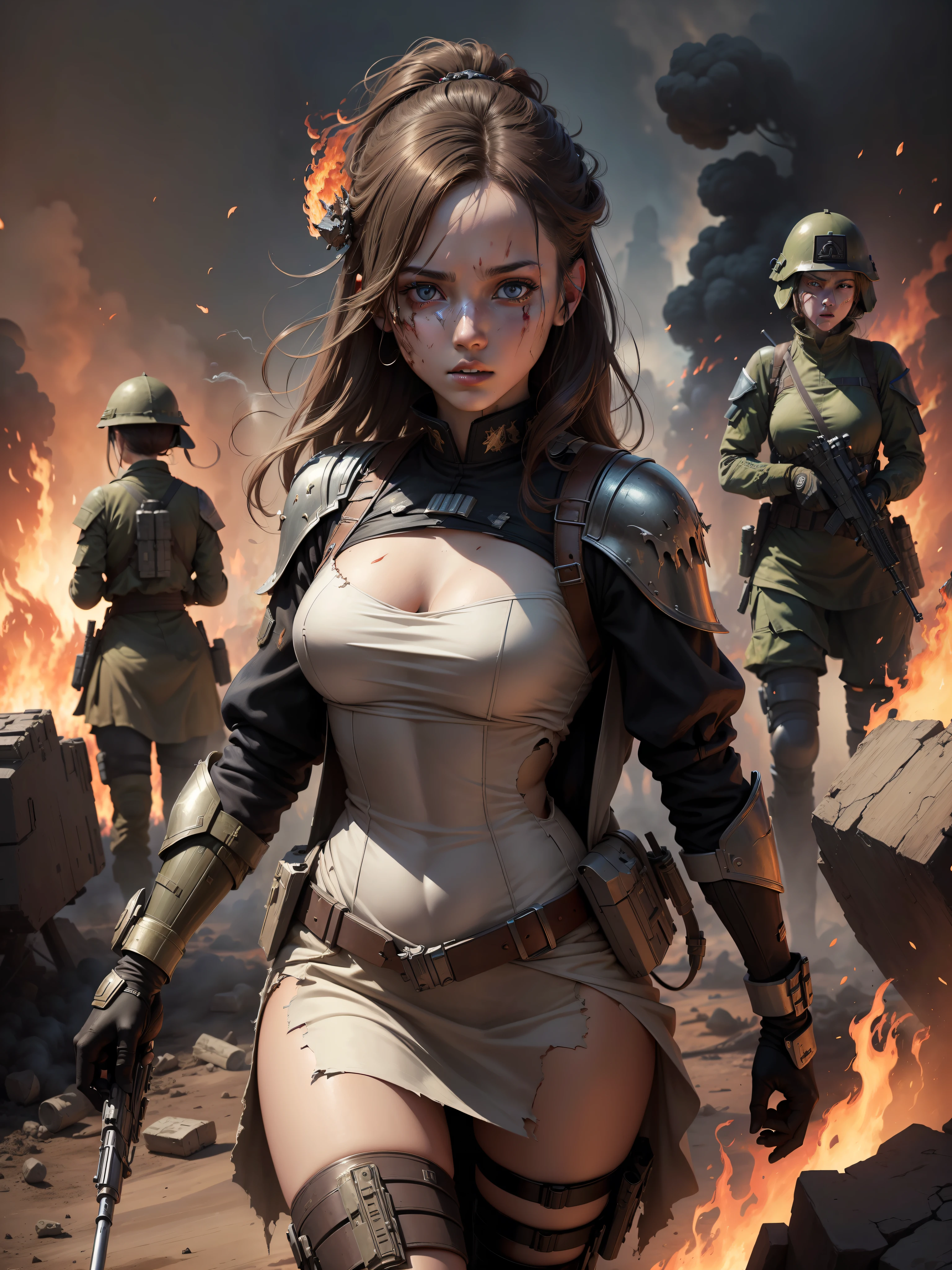 ((Masterpiece)),((Best quality)), 8K, high detal, Ultra-detailed, Female soldiers on a blazing battlefield, woman,((Innocent eyes),wounded,(Torn dress),((Fallen soldiers in the background),Smoke,Fire.