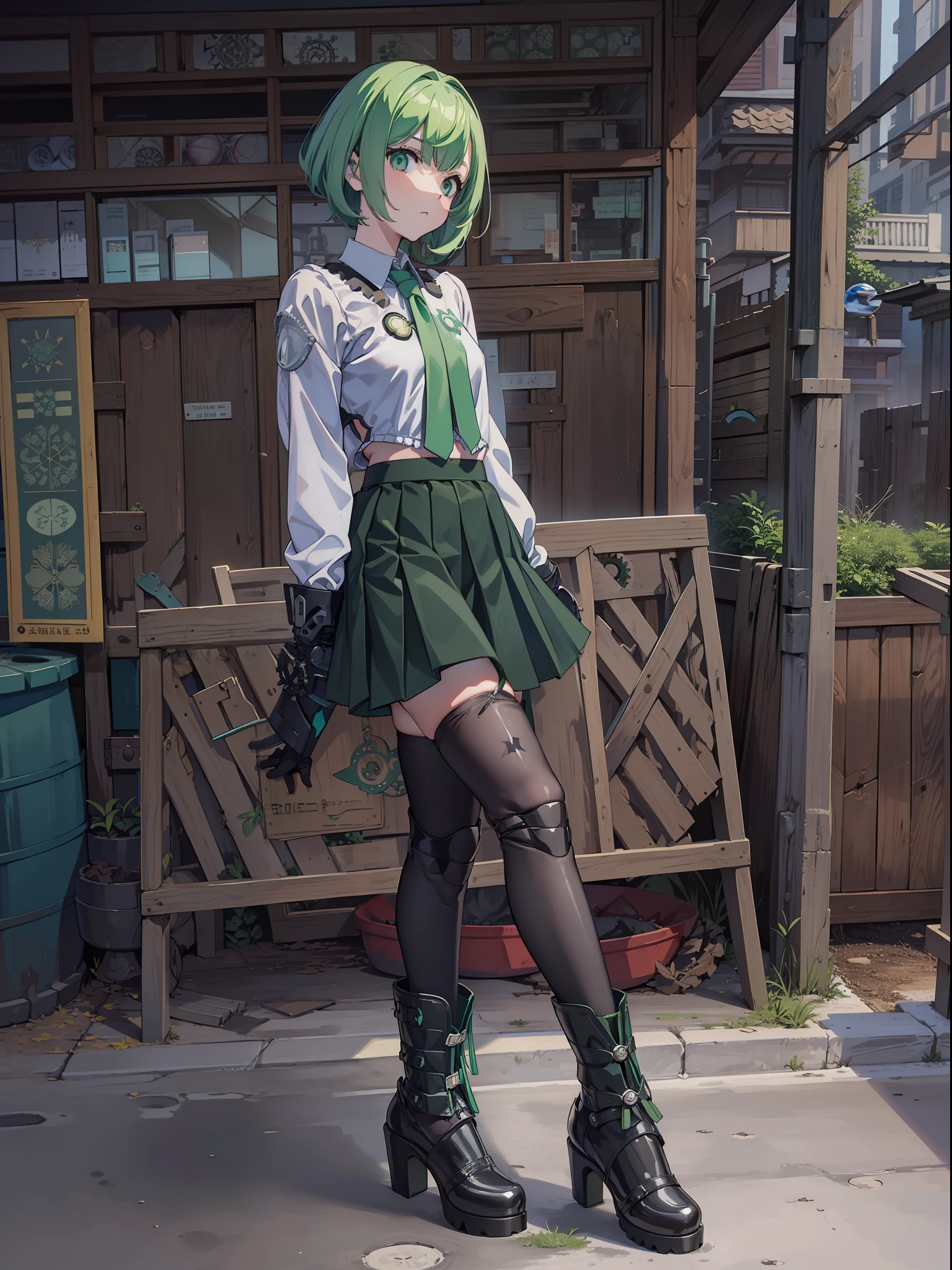 top-quality、full body Esbian、full body photographed、Photo from the top of the head to the toes、Dark green hair、Medium Shorthair、Ashime Hair、Mint green bristles、((tall))、Smaller chest、(((Spherical joints)))、((Skirt with gear pattern))、(((Gear pattern black stockings)))、