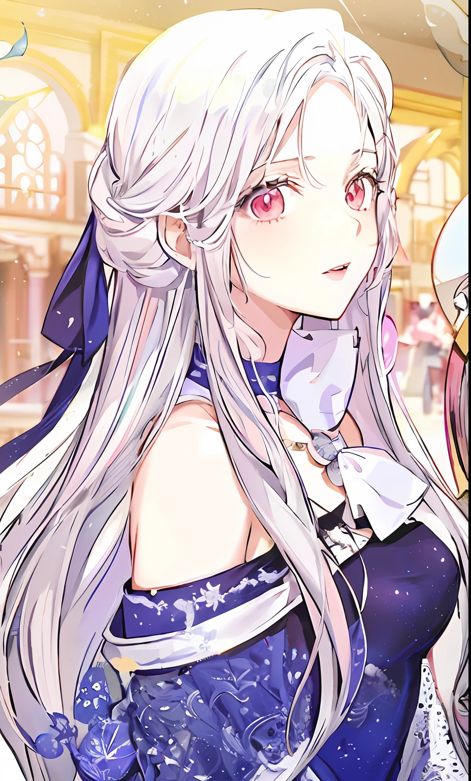 style image of a couple of anime characters in a building, , white haired deity, light novel cover art, anime visual of a cute girl,  key visual of elegant, silver hair , silver hair girl, white haired, perfect white haired girl, red eyes, blue galaxy gown, necklace, pink lips