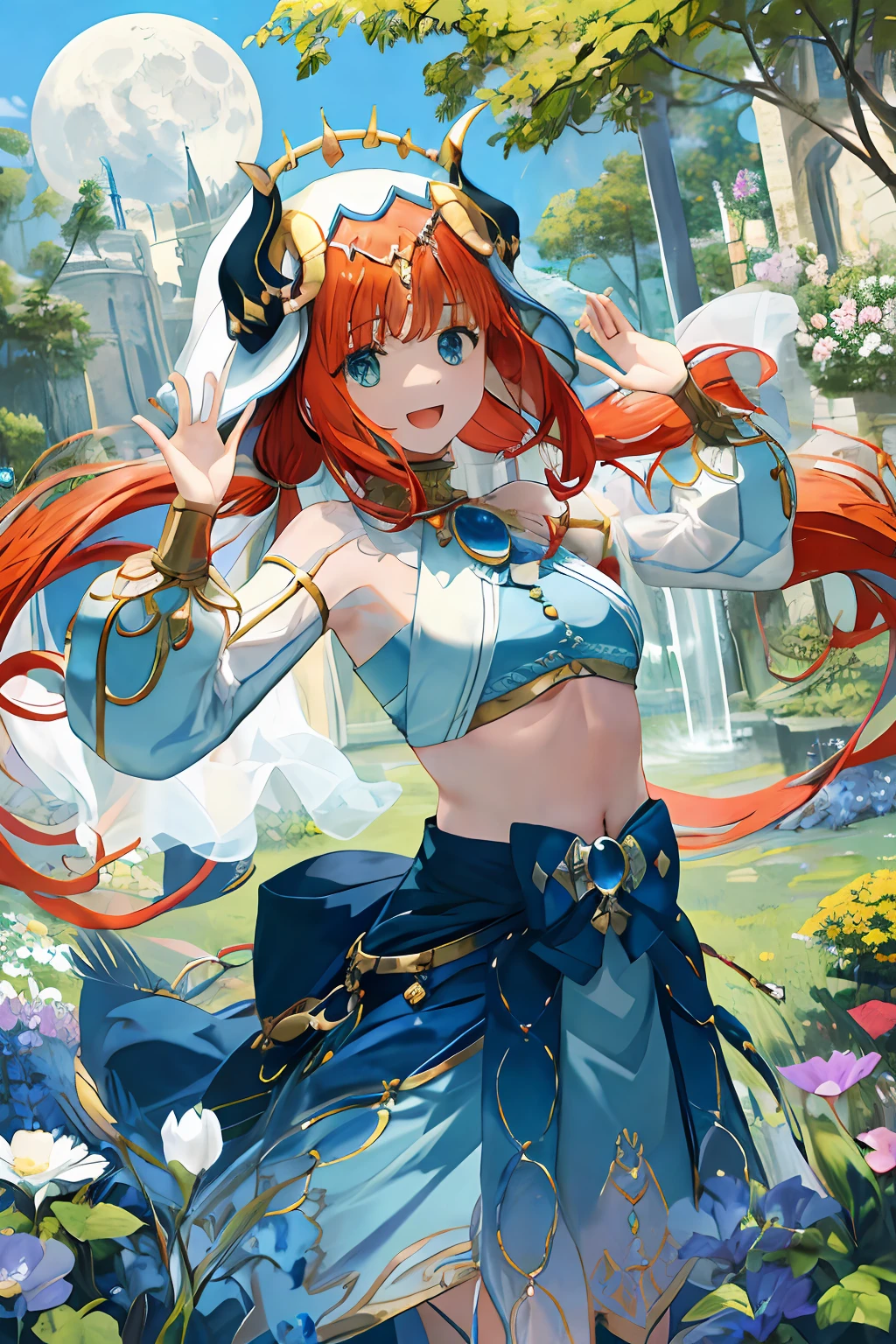 (Realistic painting style:1.1)、​masterpiece、top-quality、absurderes、nilou(Flowers and fog)(GenshinImpact)、aqua eyes、nilou(GenshinImpact)、fake horns、1girl in、独奏、red hairs、veils、A smile、a moon、length hair、croptop、jewely、banya、natta、bracers、brooches、long-sleeve、puffy long sleeves、looking at the viewers、skirt by the、bangss、Twin-tailed、Eau、Puffy sleeves、Skysky、neck rings、open open mouth、 :D, florals, harem outfit, gold trim, partedbangs, Raise your arms, breastsout, circlet, plein air, a blue skirt, hair adornments, Independent sleeves, low twintails, Floating hair, Pedras preciosas, flower in hair, blue gemstone, Hand up, Dancers, White cap, tiny chest, Stomach, Midriff, cowboy  shot, blue bow, Very long hair
