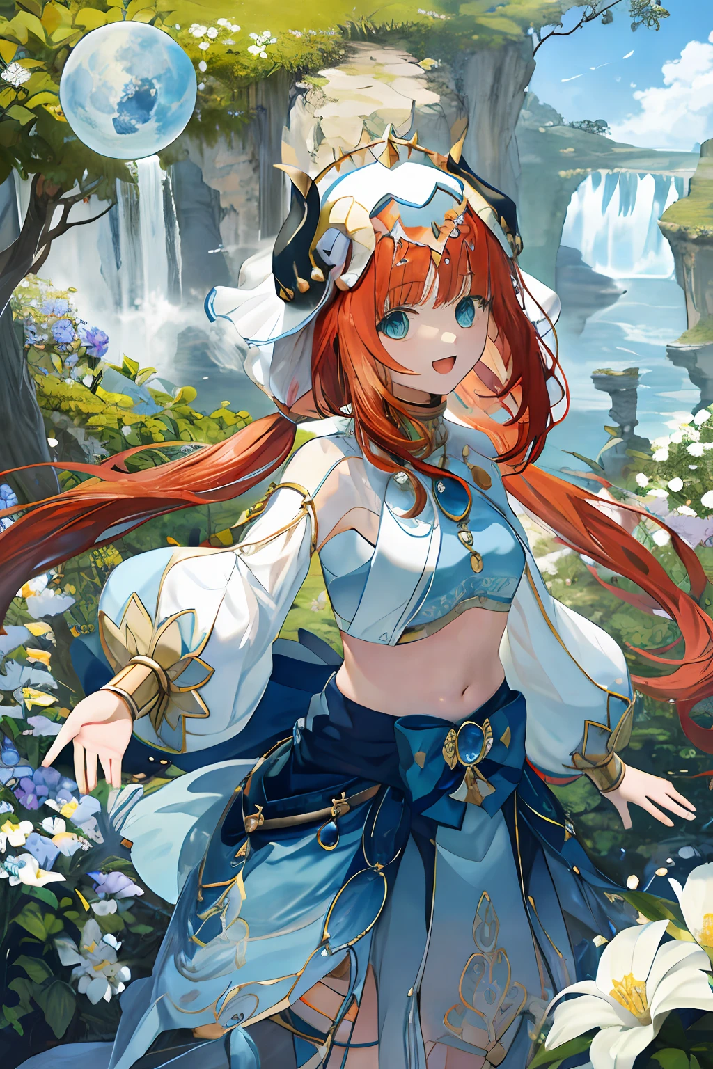 (Realistic painting style:1.1)、masterpiece、top-quality、absurderes、nilou(Flowers and fog)(GenshinImpact)、aqua eyes、nilou(GenshinImpact)、fake horns、1girl in、独奏、red hairs、veils、A smile、a moon、length hair、croptop、jewely、banya、natta、bracers、brooches、long-sleeve、puffy long sleeves、looking at the viewers、skirt by the、bangss、Twin-tailed、Eau、Puffy sleeves、Skysky、neck rings、open open mouth、 :D, florals, harem outfit, gold trim, partedbangs, Raise your arms, breastsout, circlet, plein air, a blue skirt, hair adornments, Independent sleeves, low twintails, Floating hair, Pedras preciosas, flower in hair, blue gemstone, Hand up, Dancers, White cap, tiny chest, Stomach, Midriff, cowboy shot, blue bow, Very long hair