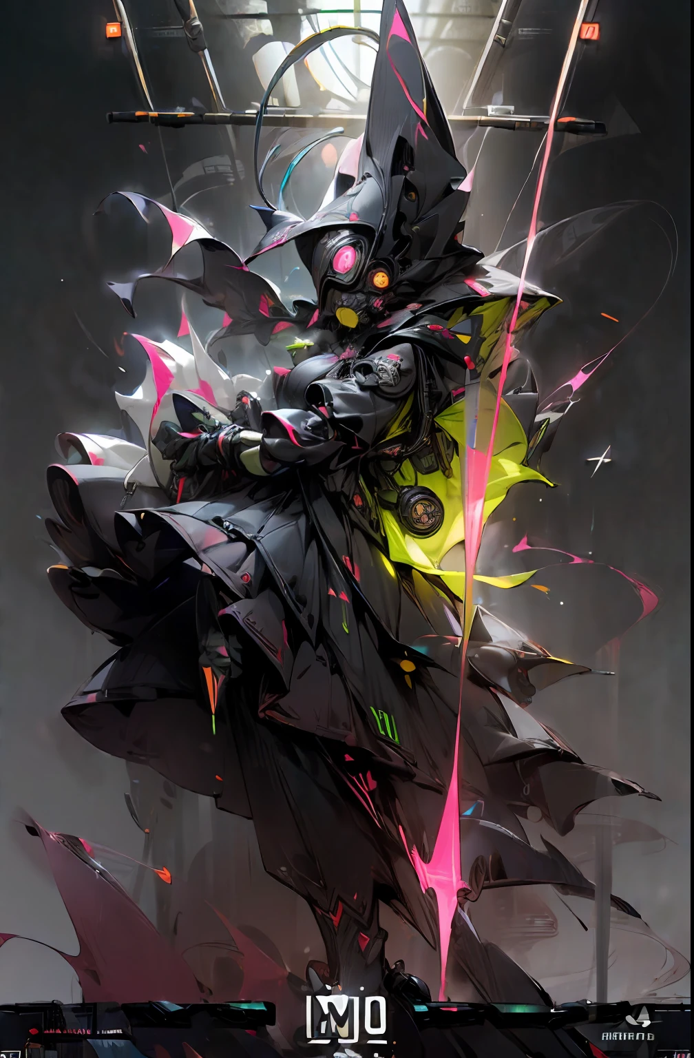 (fumo:1.8)、full Helmet、(gas masks:1.3)、(Explosion Effect 1.8)、(Neon Paint:1.huriken)、(Wearing a hood:1.2)、colourfull、cyberpunked、(独奏:1.5)、Mechanical Marvel、droid