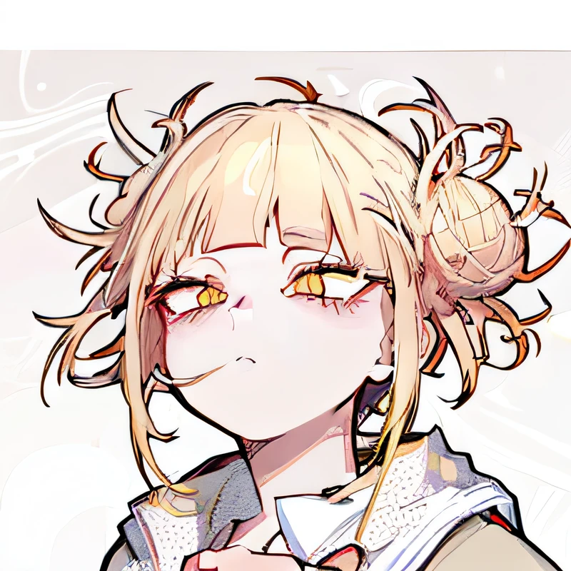 ((((Himiko toga)))), (((1girll))), ((shades)), female focus, Masterpiece, High quality, (Masterpiece:1.2), (Best quality:1.2), Shiny, Realistic, opulent, Intricate, Shirtless, ((Yellow hair)), (Short hair), Yellow eyes, bangs, hair between eye, Hair_Stick, Hot_Girl, studant_clothes, ring, Solo, Hair_Bun, Hair_decorations, Hair_stitches, Holding_Fan, Paper_Fan, elegant, Looking_at_peeping at the viewer, Holding_Fan, Red_eyes liner, FH , looking at the horizon, constricted pupil, (shadows cast over face:1.3), Shadow room, Sexy expression, (Upper body), escala cinza