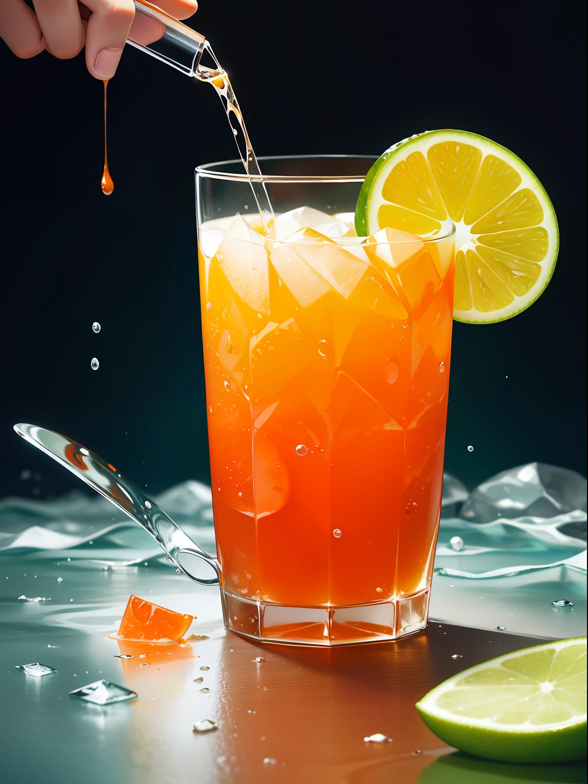 Beverage poster design，A glass of sea buckthorn juice，Close-up of sea buckthorn juice，Sea buckthorn fruit，Green lemon slices garnish，Ice cubes outside the cup