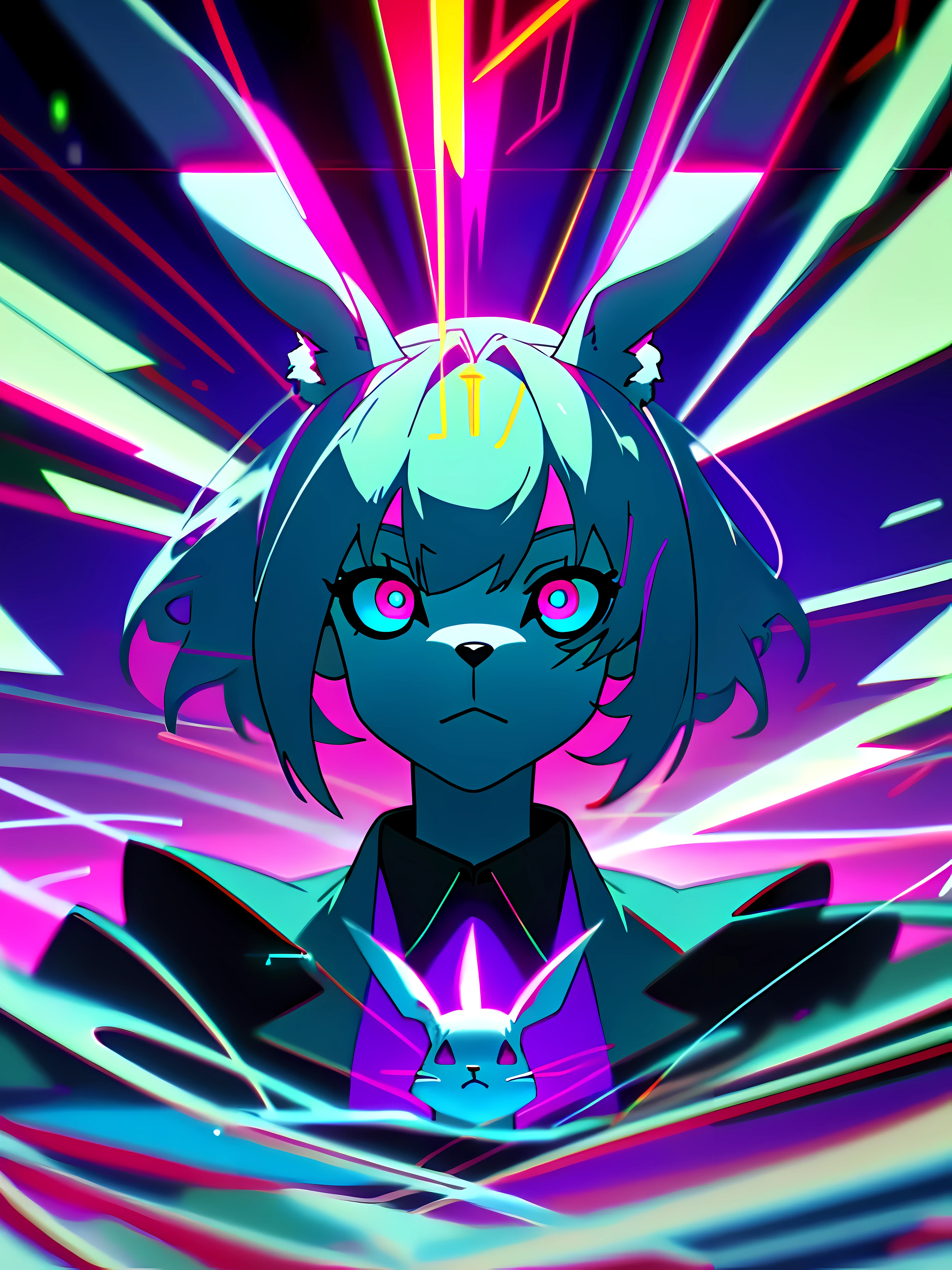 (blame! style abandoned tech landscape), (Zen, Amy Sol style), a blue anthro furry kemono rabbit, (vast decrepit scenery:1.2) blame! style, furry azure blue bunny rabbit in a purple shirt with a black background, blue anthropomorphic bunny rabbit, with glowing eyes, anthro portrait, head-on portrait, nightmarish illustration, glowing eyes everywhere, intense eye contact, hybrid human / anthro, electrixbunny, rabbit anthro portrait, ((portrait)), bunnypunk, weirdcore voidpunk fursona, wearing bunny ears, cover art with light abstraction, abstract, simple vector art, contemporary Cybernetic art, color gradients, soft color palettes, layered forms, whimsical animation, style Ethereal abstract, 4K, --v6