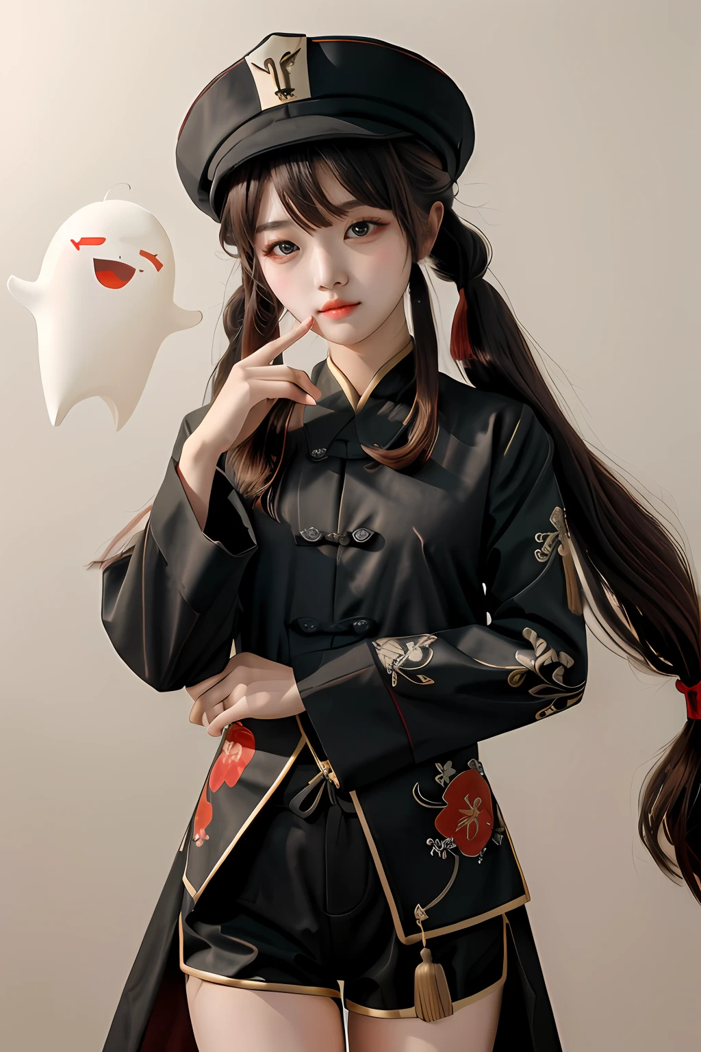 masterpiece, best quality,
1girl, hu tao (genshin impact), boo tao,hat, red eyes, twintails, brown hair, solo, symbol-shaped pupils, long hair,bangs, black shorts , chinese clothes,