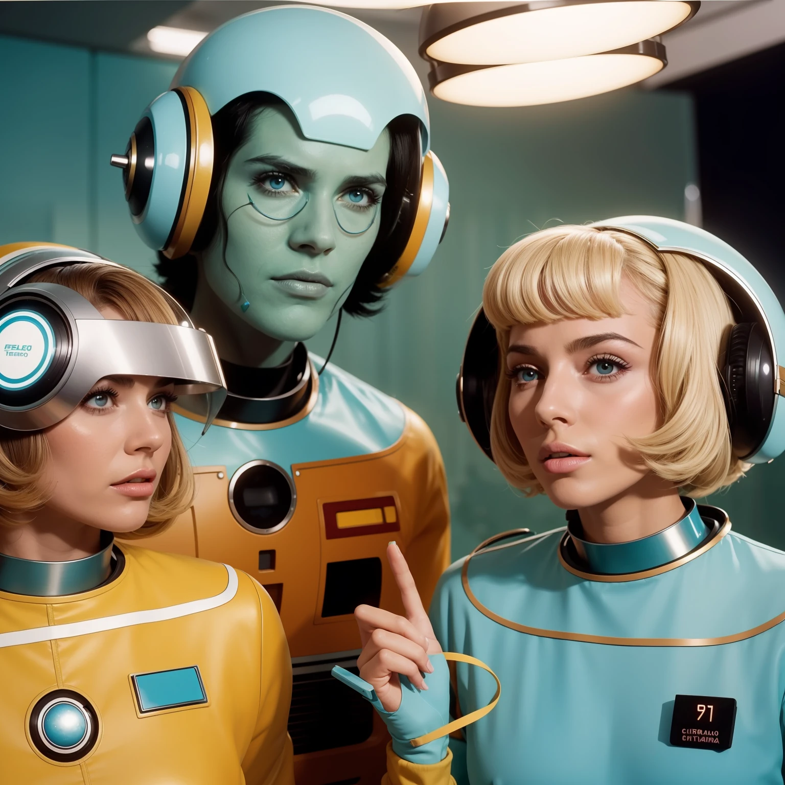 4k image from a 1970s science fiction film, imagem real, Estilo Wes Anderson, pastels colors, people wearing retro-futuristic fashion clothes and futuristic technological ornaments and devices in the cafeteria, Luz Natural, cinemactic, Psicodelia, futurista estranho, retro-futurista, photo-realistic, olhos reais, perfect hands, cabelo perfeito, ricos detalhes do rosto, hiper detalhado, hyper realistic, textura real da pele, texturas de tecido real, Sharp background details, sharp render, Sci-fi dos anos 1970,