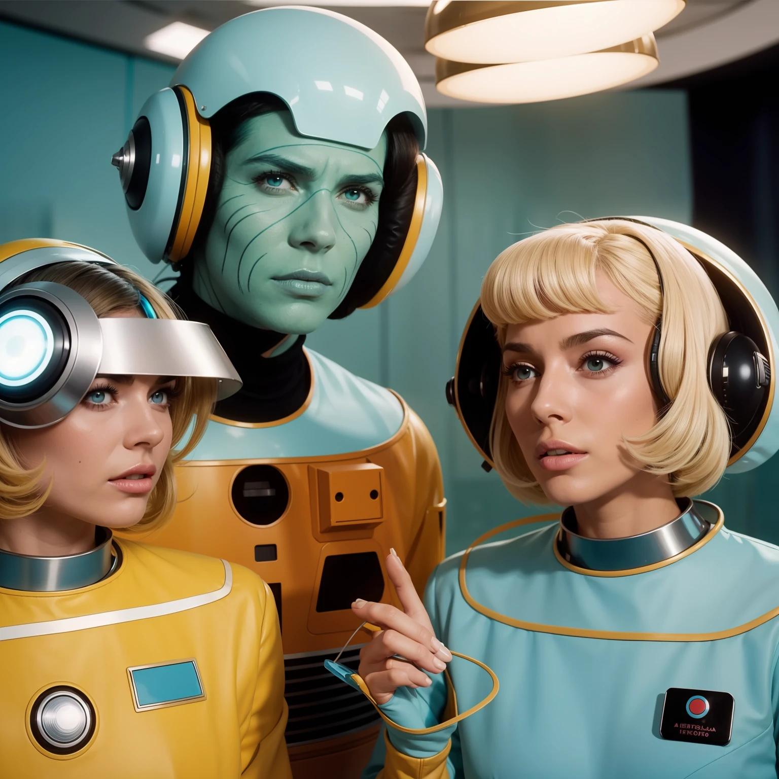 4k image from a 1970s science fiction film, imagem real, Estilo Wes Anderson, pastels colors, people wearing retro-futuristic fashion clothes and futuristic technological ornaments and devices in the cafeteria, Luz Natural, cinemactic, Psicodelia, futurista estranho, retro-futurista, photo-realistic, olhos reais, perfect hands, cabelo perfeito, ricos detalhes do rosto, hiper detalhado, hyper realistic, textura real da pele, texturas de tecido real, Sharp background details, sharp render, Sci-fi dos anos 1970,