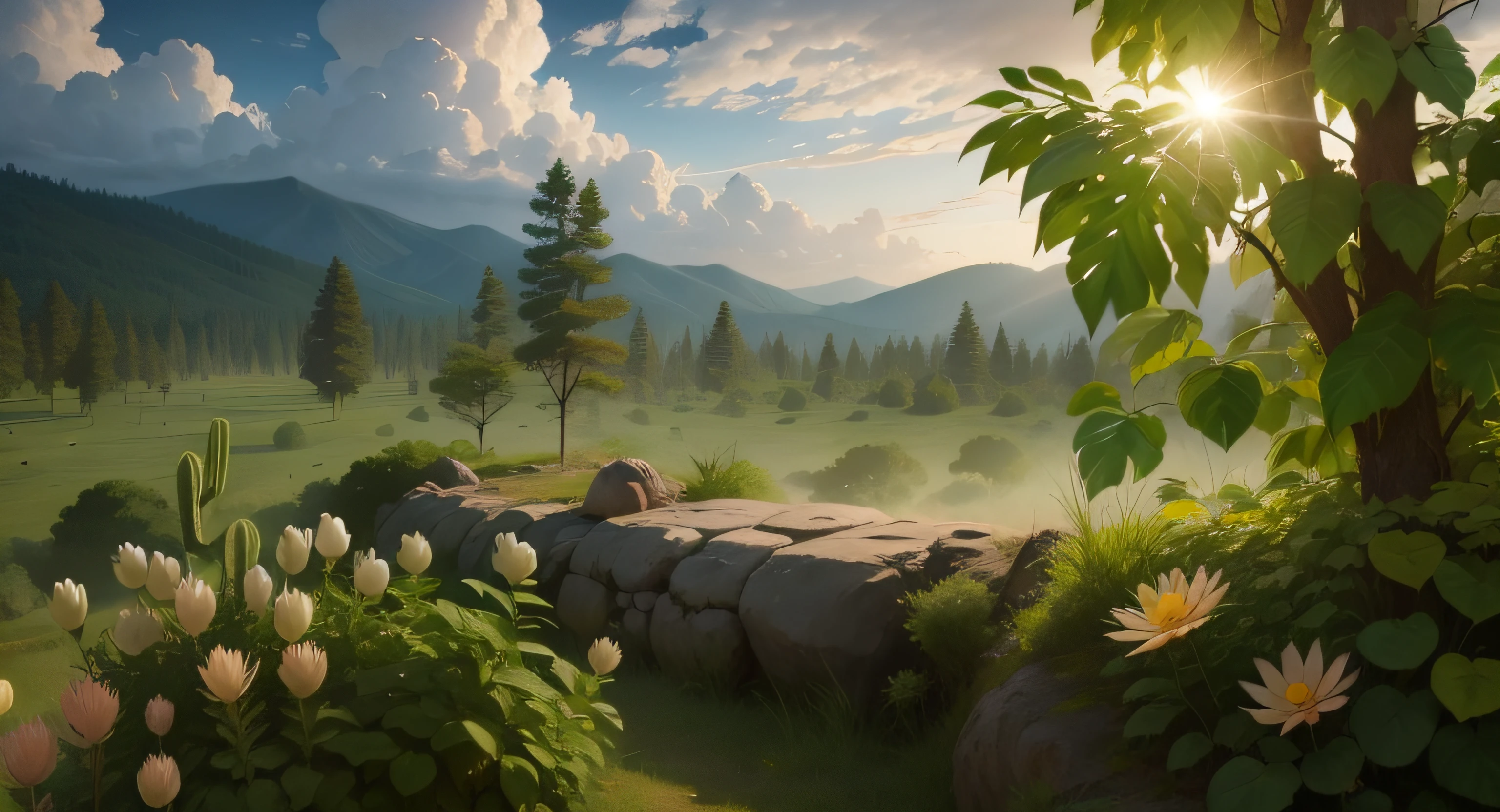 A corner of the beautiful forest,There are several tall cacti in the forest behind