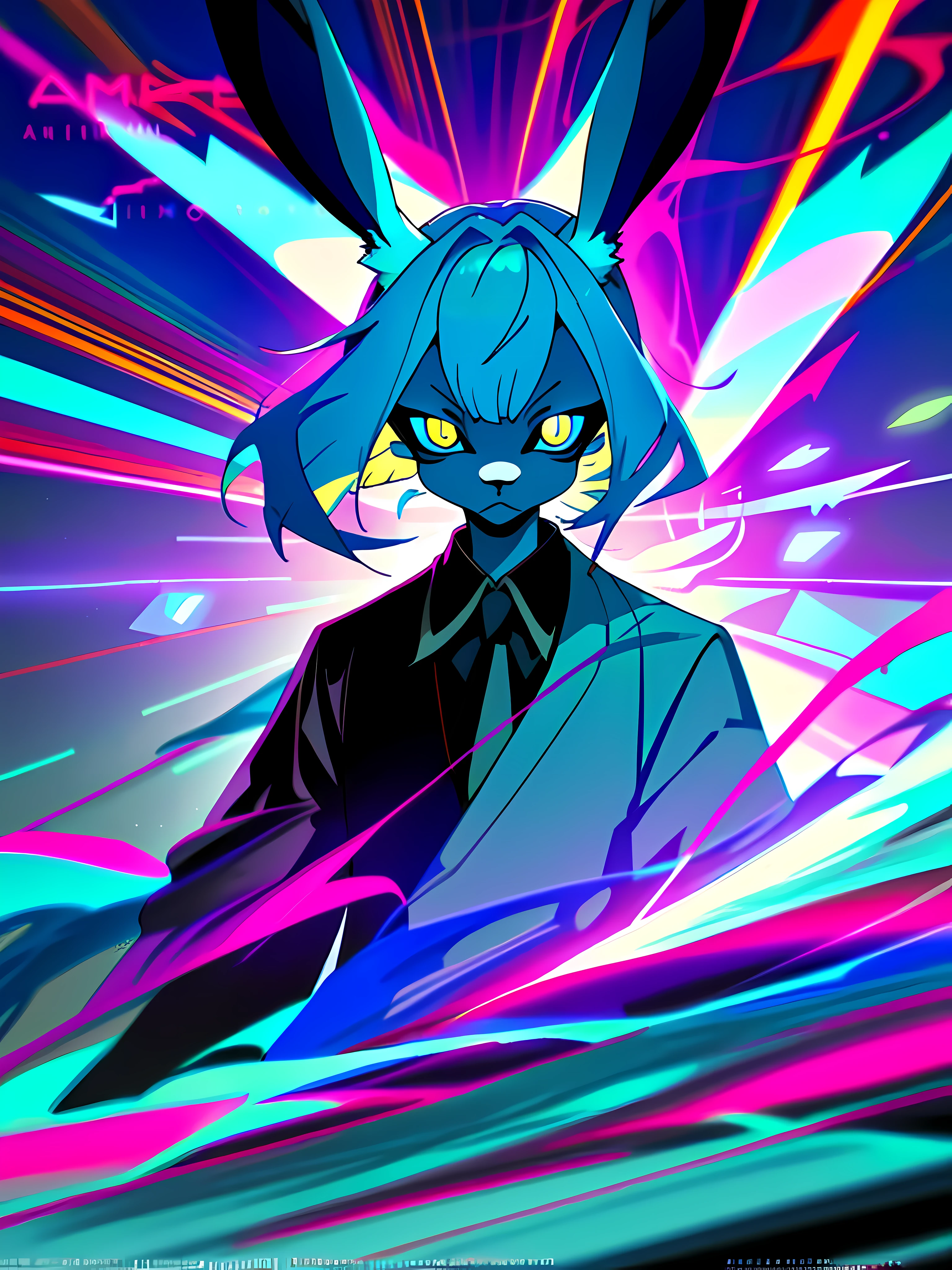 (Zen, Amy Sol style), a blue anthro furry kemono rabbit, (vast decrepit scenery:1.2) blame! style, furry azure blue bunny rabbit in a purple shirt with a black background, blue anthropomorphic bunny rabbit, with glowing eyes, anthro portrait, head-on portrait, nightmarish illustration, glowing eyes everywhere, intense eye contact, hybrid human / anthro, electrixbunny, rabbit anthro portrait, ((portrait)), bunnypunk, weirdcore voidpunk fursona, wearing bunny ears, cover art with light abstraction, abstract, simple vector art, contemporary Cybernetic art, color gradients, soft color palettes, layered forms, whimsical animation, style Ethereal abstract, 4K, --v6