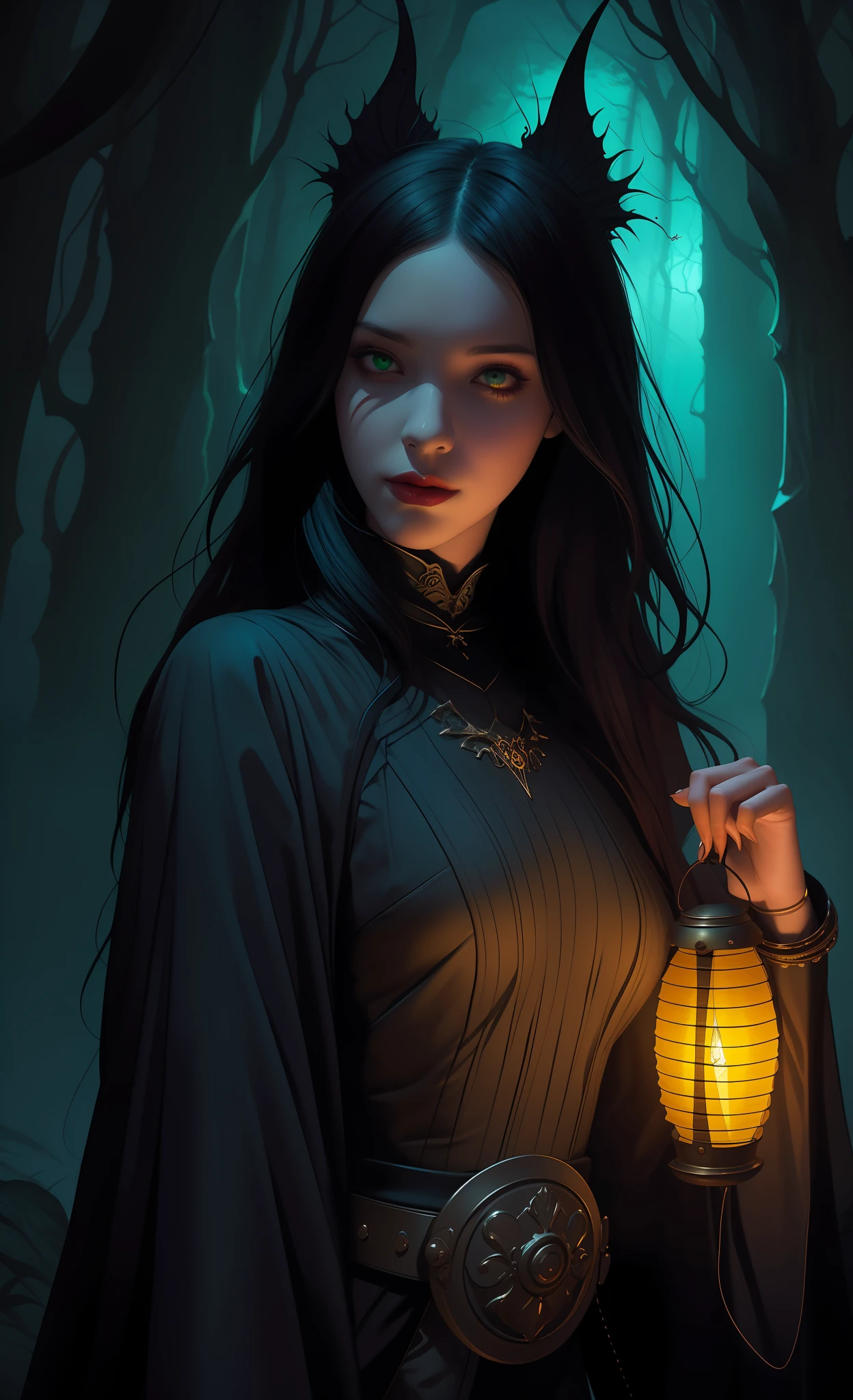 Arafed woman holding a lantern with a green light in her hand, dark fantasy style art, fantasy dark art, in style of dark fantasy art, dark fantasy art, Dark Fantasy Illustration, dark fantasy artwork, neoartcore and charlie bowater, dark fantasy mixed with realism, gothic fantasy art, fantasy art style, charlie bowater rich deep colors