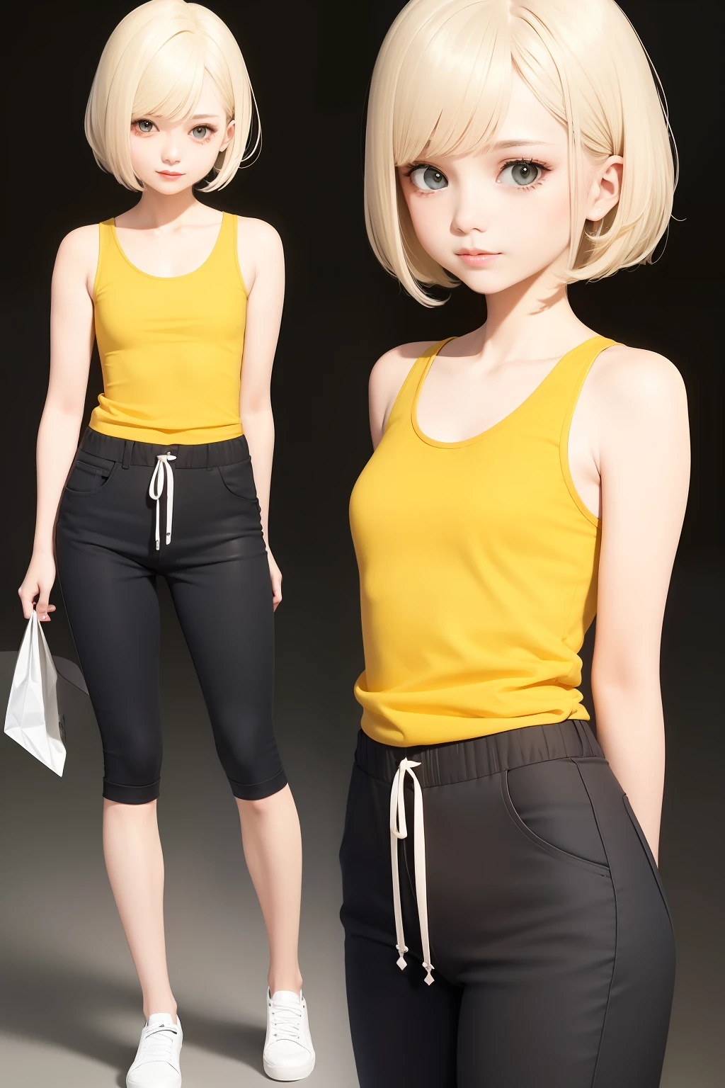 Best quality, tmasterpiece,yellow tanktop,White color hair,short detailed hair,shorter pants,Take takeaway