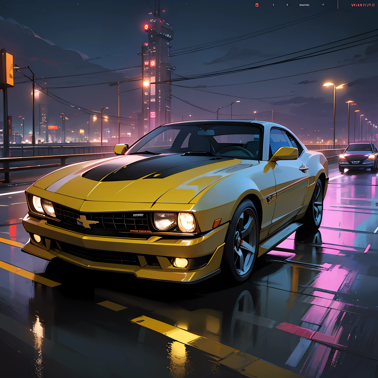 estilo cyberpunk, noite escura, rodovia da cidade, camaro booble bee carro dirigindo em alta velocidade, Arredores vazios, dim sky, ambiente contrastante forte, Speeding in traffic.