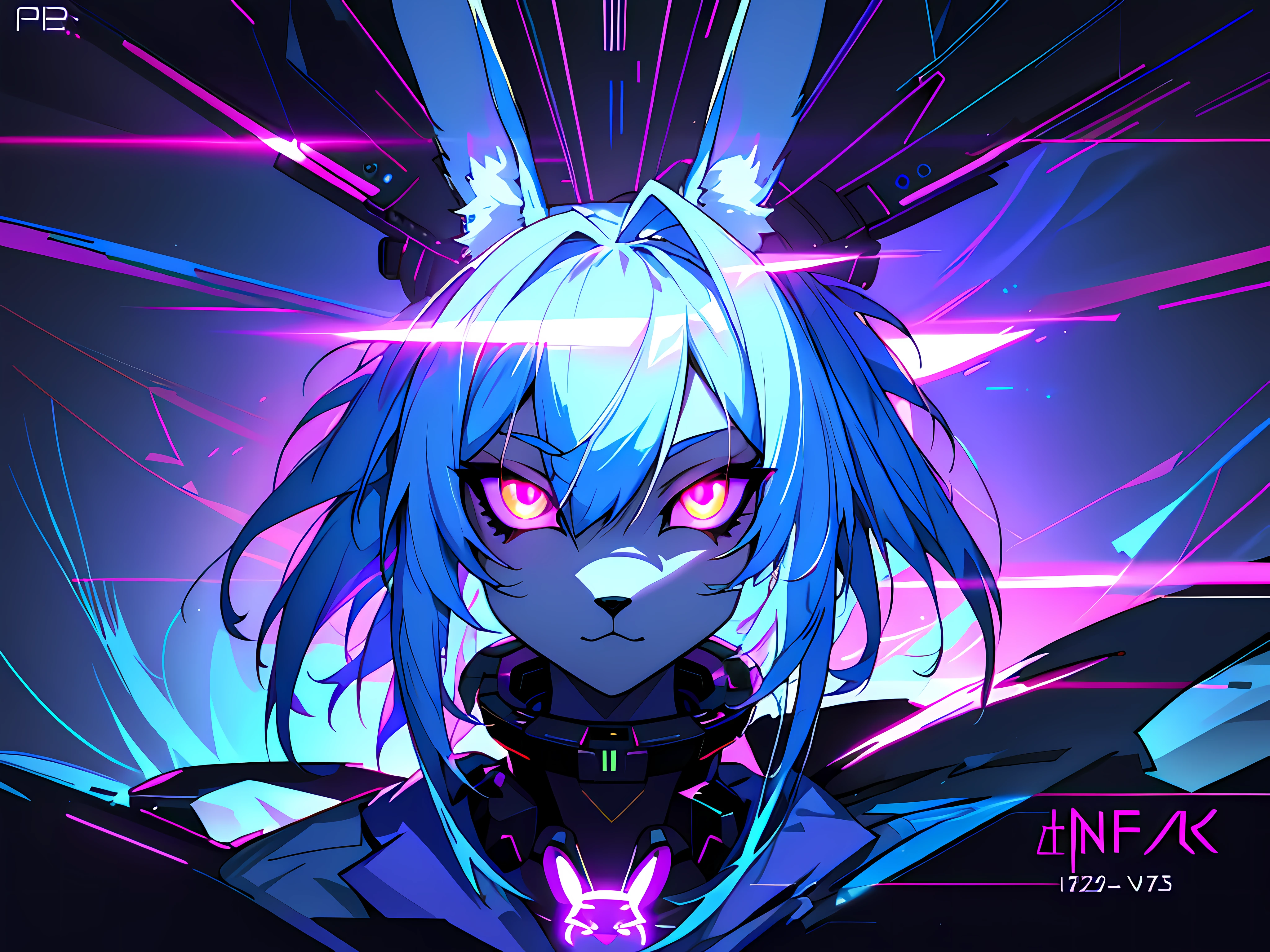 (vintage vhs crt screenshot), (Zen, Amy Sol style), a blue anthro furry kemono rabbit, (vast decrepit scenery:1.2) blame! style, furry azure blue bunny rabbit in a purple shirt with a black background, cute intense bunny, blue anthropomorphic bunny rabbit, with glowing eyes, anthro portrait, head-on portrait, nightmarish illustration, glowing eyes everywhere, intense eye contact, hybrid human / anthro, electrixbunny, rabbit anthro portrait, ((portrait)), bunnypunk, weirdcore voidpunk fursona, wearing bunny ears, cover art with light abstraction, abstract, simple vector art, contemporary Cybernetic art, color gradients, soft color palettes, layered forms, whimsical animation, style Ethereal abstract, 4K, --v6