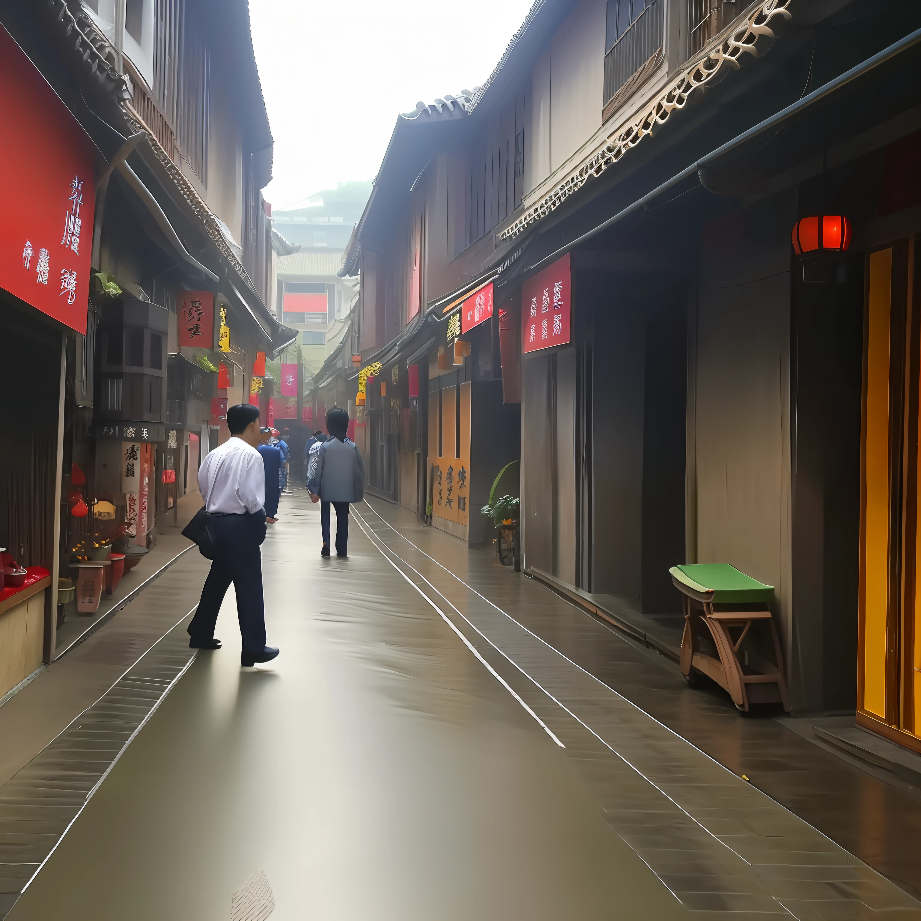 Realisticstyle，Quiet Huibai Old Street，A light rain，Pedestrians hurried home，The streets are slightly dilapidated，Pedestrians dress simply, mainly for the elderly and children