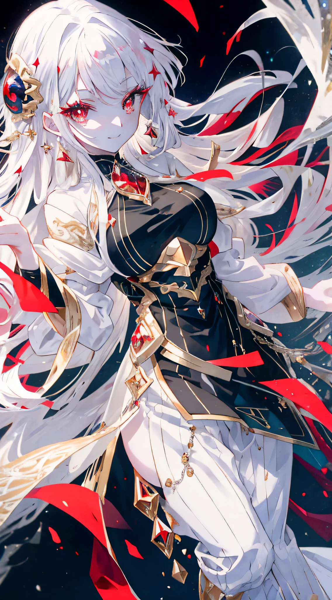 (simple hands:0.5)+(detailed hands:0.7), (masterwork), (best quality), white hair, red eyes,1girl, pale skin, white hair, red eyes, two tone hair, eyelashes, bracelet, jewelry, smile, gleaming skin, shiny hair, detailed and majestic stage, Fantasy, Long Hair, 1 girl, two-tone hair, night sky, Incredibly detailed CG illustration masterpiece, looking at you, anime, beautiful anime eyes, beautiful detailed eyes, eyes, glittering eyes, red eyes, galaxy, nebula, (full body), (curvy),