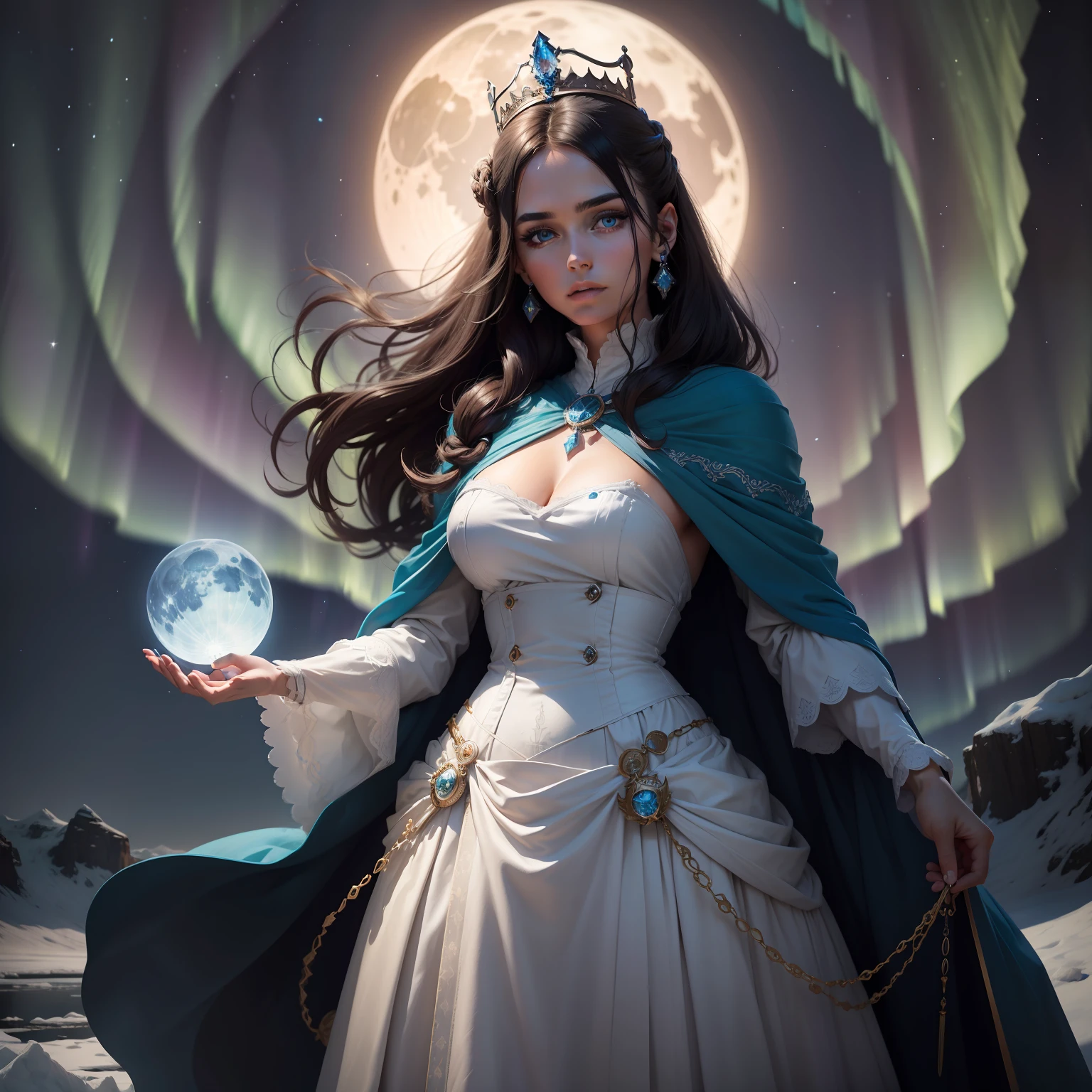 An acient history woman with bright Aurora wide and beautiful eyes. With Dark hair and hair bright beautiful masterpieces jewelleries. With White and blue colour long big acient dress. In the Iceland Empire. Like a queen. Under the August blue moon night sky, blue ice background, holding magic stuff,