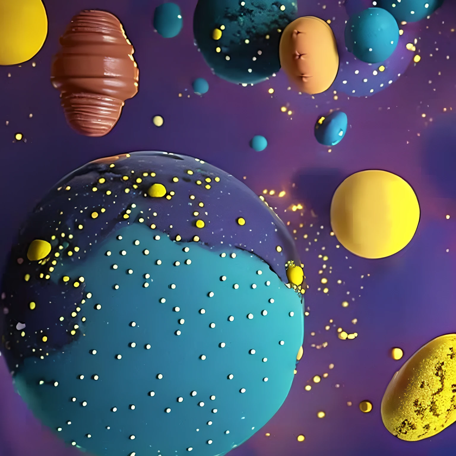 Cosmic scene on a blue and a little yellow planet, surrealistic concept scene, macaron color palette, cute exotic plants, C4D, cartoon, 3D, Pixar style, cinematic shots, close - ups, partial close - ups, ultra realistic, epic, octanerender