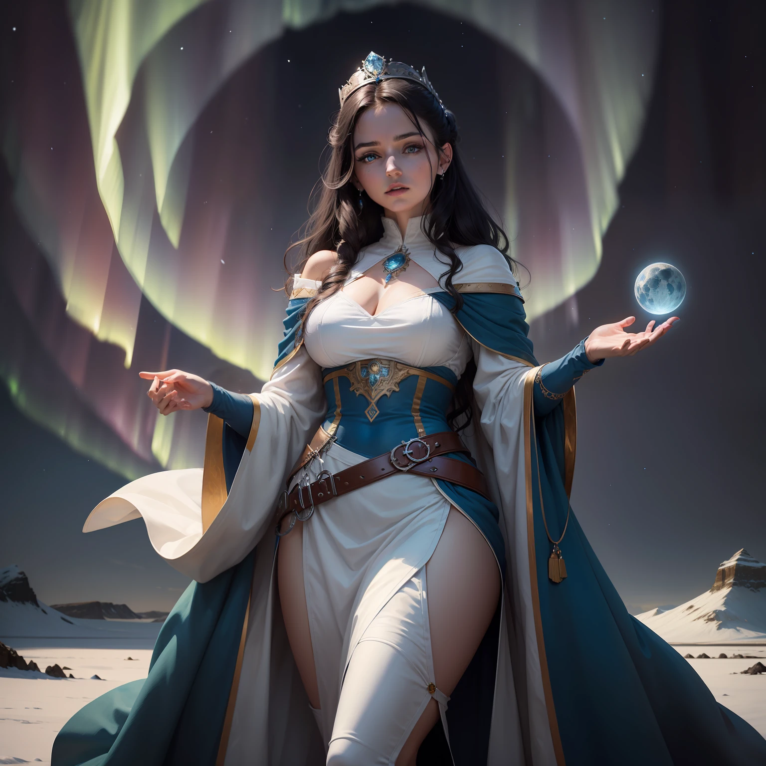 An acient history woman with bright Aurora wide and beautiful eyes. With Dark hair and hair bright beautiful masterpieces jewelleries. With White and blue colour long big acient dress. In the Iceland Empire. Like a queen. Under the August blue moon night sky, blue ice background, holding magic stuff,