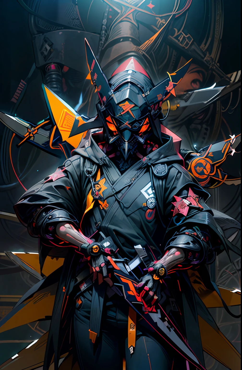 full Helmet、(gas masks:1.3)、(explosions:1.3)、(neon wiring:1.5)、(psychedelic:1.3)、(shuriken:1.7)、(Knives)、(Wearing a hood)、colourfull、cyberpunked、(独奏:1.5)、Mechanical Marvel、droid、(((​masterpiece、top-quality、Beautiful、ultra-detailliert)))