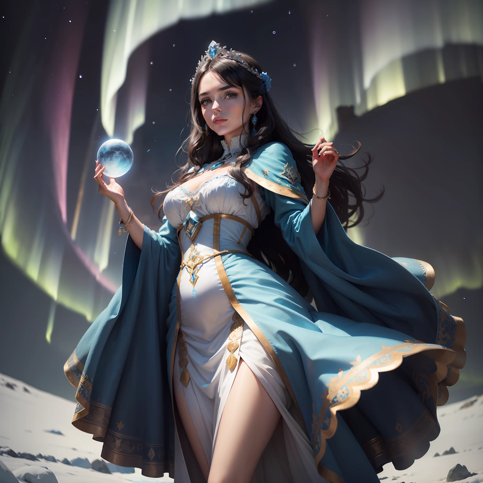 An acient history woman with bright Aurora wide and beautiful eyes. With Dark hair and hair bright beautiful masterpieces jewelleries. With White and blue colour long big acient dress. In the Iceland Empire. Like a queen. Under the August blue moon night sky, blue ice background, holding magic stuff,