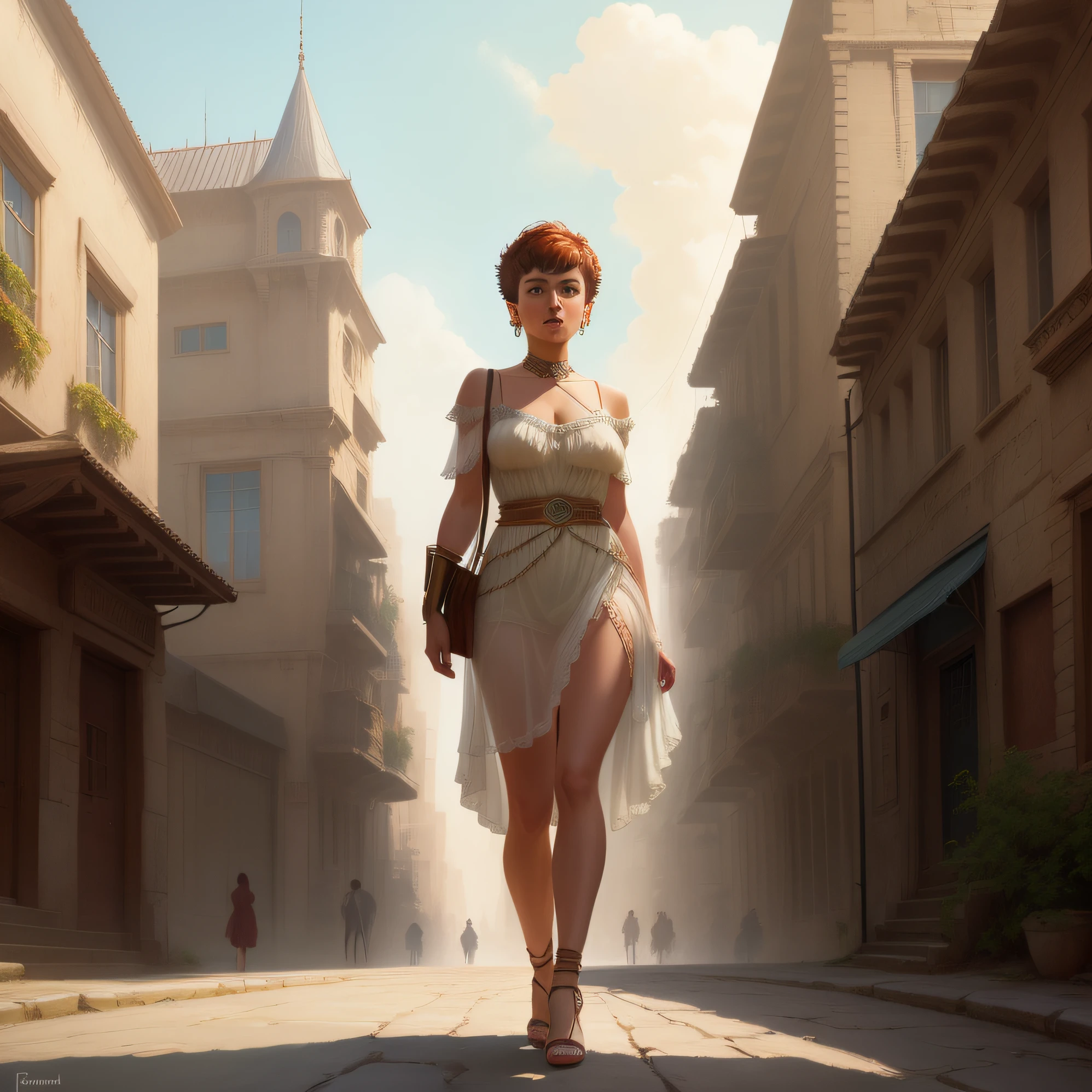 A high-Resolution Hyper detailed Full body drawing of an attractive young woman resembling Sophia Lillis, with short hair, dressed in a hyper-detailed Ultra short and low cut Ancient Greek tunic, Full body portrait in the style of Frank Frazetta, Bruce Pennington, aND DOUGLAS BECKMAN on the street a futuristic Sci-Fi city with a mix of modern and ancient buildings
