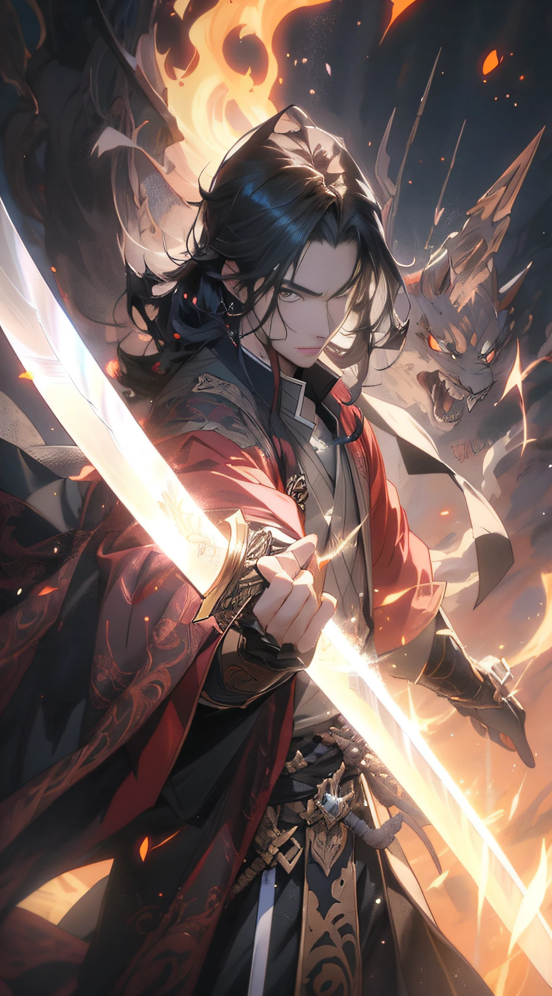 Anime - Style image of a man holding a sword in front of the sky, handsome guy in Demon Slayer Art, by Yang J, with a big sword, Demon Killer Art Style, Badass Anime 8 K, epic fantasy digital art style, Kokiyo from Genshin Impact, 2. 5 D CGI anime fantasy artwork, demon slayer Rui fan art, detailed digital anime art