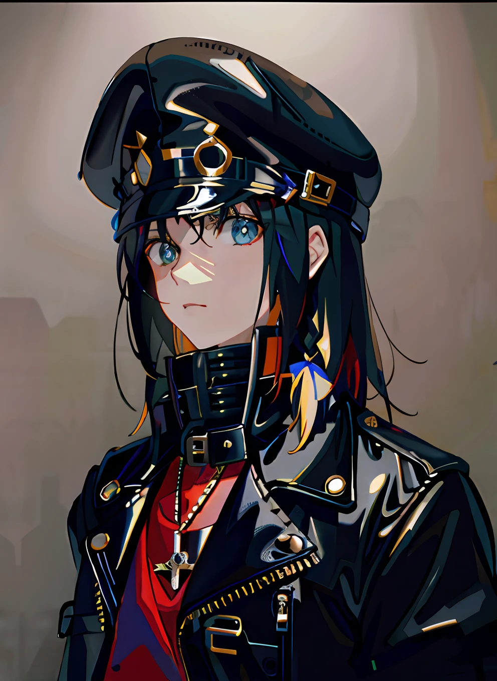 1girll,jaket,Leather jacket,Black lining,zippers,Look at the other person,messy hair,Small braid on the right,Trends on ArtStation,8K分辨率,The is very detailed,anatomically correcte,Sharp images,digitial painting,concept-art,Trends on pixiv,Estilo de Makoto Shinkai,Air Force cap