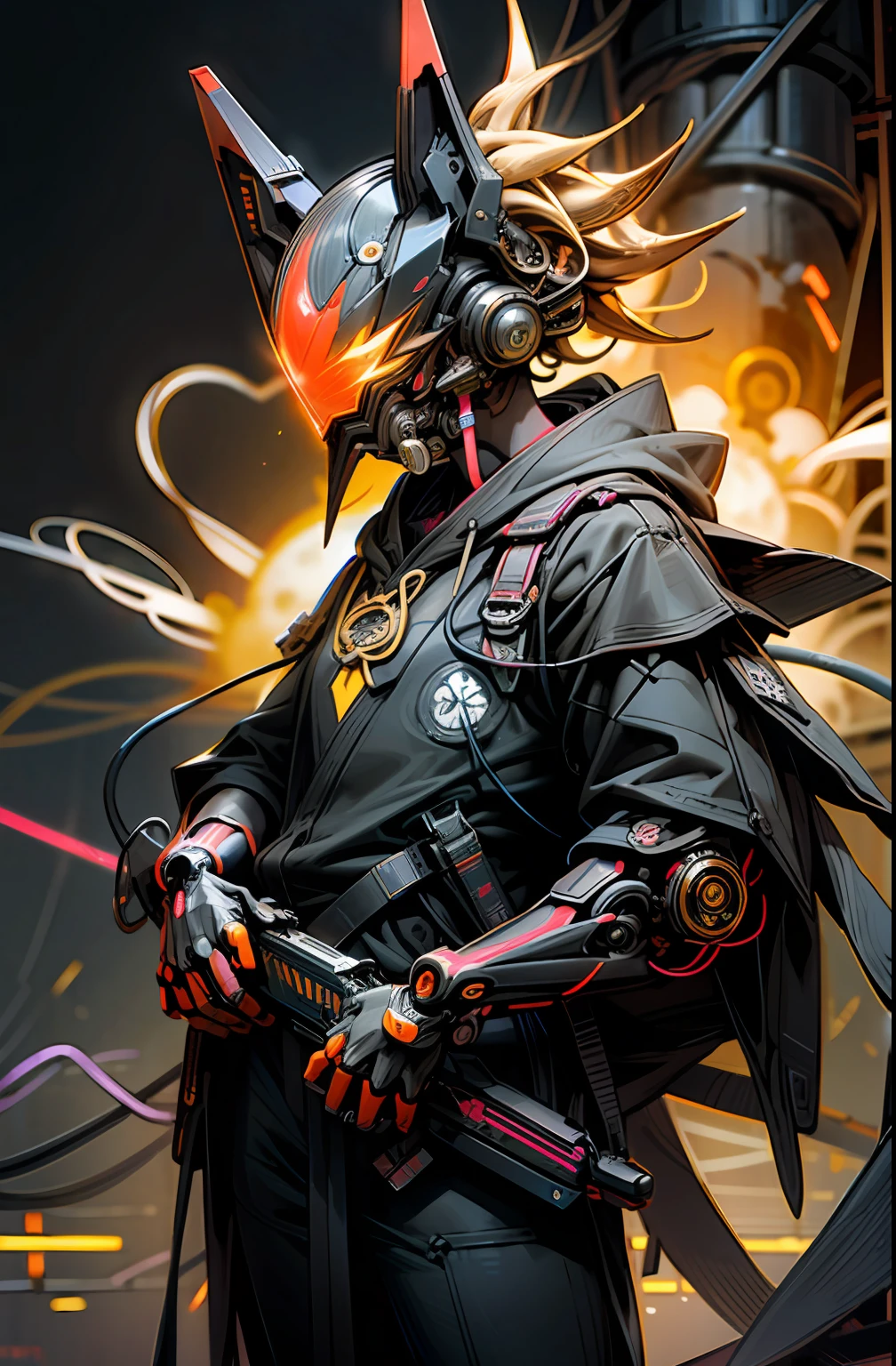 full Helmet、gas masks、(explosions:1.3)、(neon wiring:1.3)、(psychedelic)、(shuriken)、Knives、Wearing a hood、colourfull、cyberpunked、(独奏:1.5)、Mechanical Marvel、droid、masterpiece、top-quality、Beautiful、ultra-detailliert