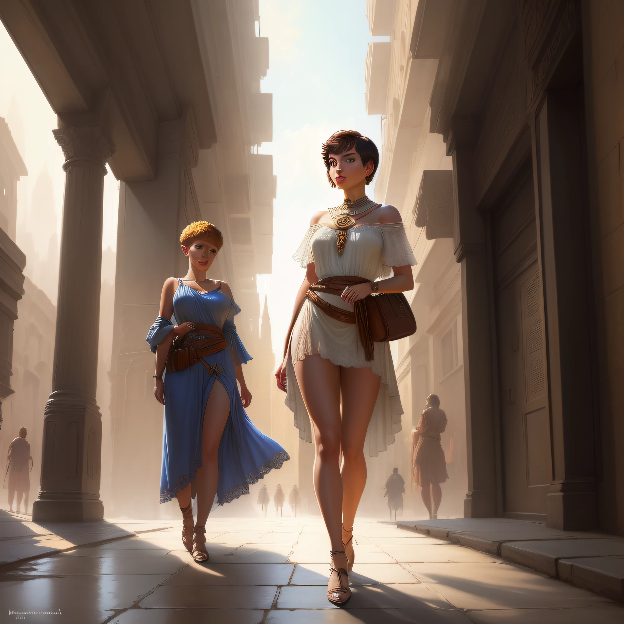 A high-Resolution Hyper detailed Full body drawing of an attractive young woman resembling Sophia Lillis, with short hair, dressed in a hyper-detailed Ultra short and low cut Ancient Greek tunic, Full body portrait in the style of Frank Frazetta, Bruce Pennington, aND DOUGLAS BECKMAN on the street a futuristic Sci-Fi city with a mix of modern and ancient buildings