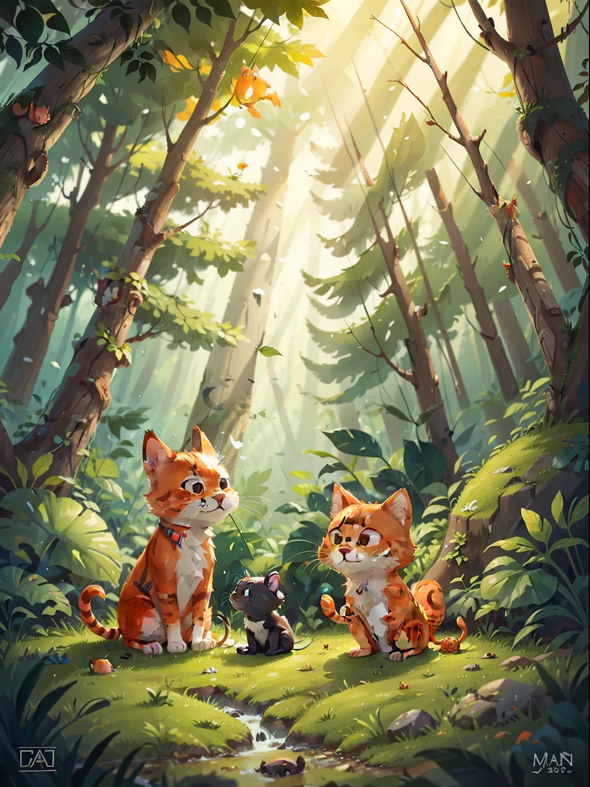 In the woods，An orange cat，A mouse next to it，No Man，There are no other animals！