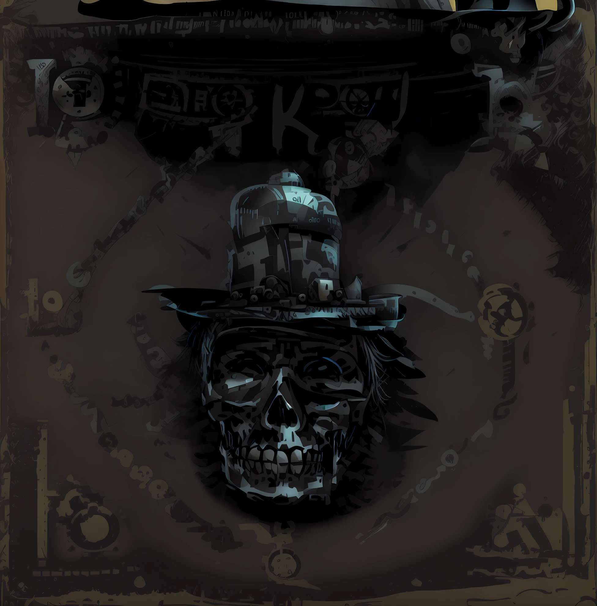 There is a watch with a skull and a top hat, poker, skull, Chapeleiro, Neil Design Jovem, K, Papa Legba, caveira, estilo necronomicon, Voodoo tem, Esqueleto Cowboy, O Madhatter, arte de raio-x, oz, steampunk imagery themed, veneno, as a solomon kane, arte da capa, oeste estranho