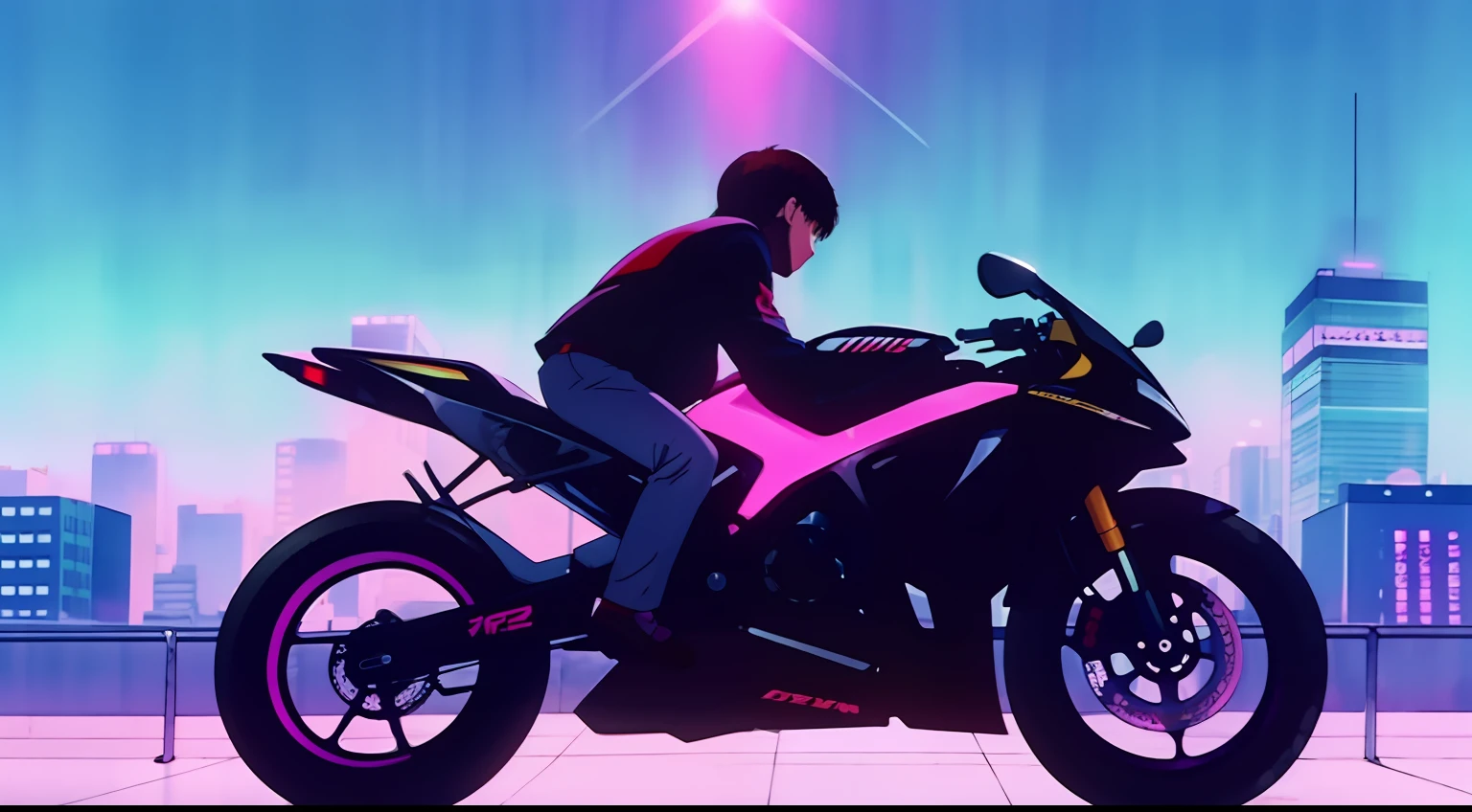 1boy ,校服,Drive a motorcycle,city neon light