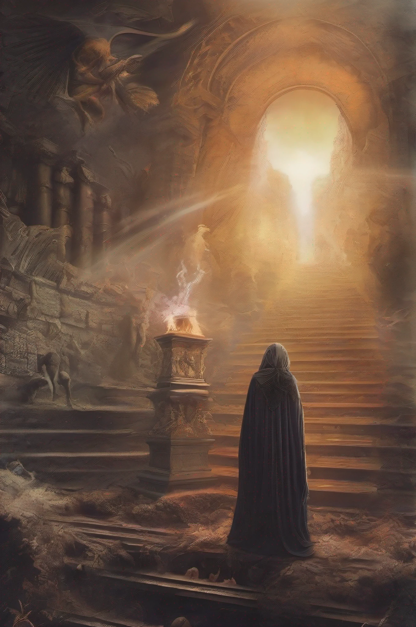 And the kingdom of darkness, Like an abyss in front of you, earthly beauty will be revealed. You'll see hell and your childhood. You will forget paradise and all bliss. Depiction of heaven and hell. Sinners in Hell. Angels fly in paradise. life: The meaning of life. death. Death is the end or beginning of something, What we are not given to understand. To be or not to be, That is the question. emptiness in the soul. There is no point in living. What's next? What is the meaning of life? Why live, If you have to fight all the time for a place in the sun... Lost Love, What was the meaning of my life.